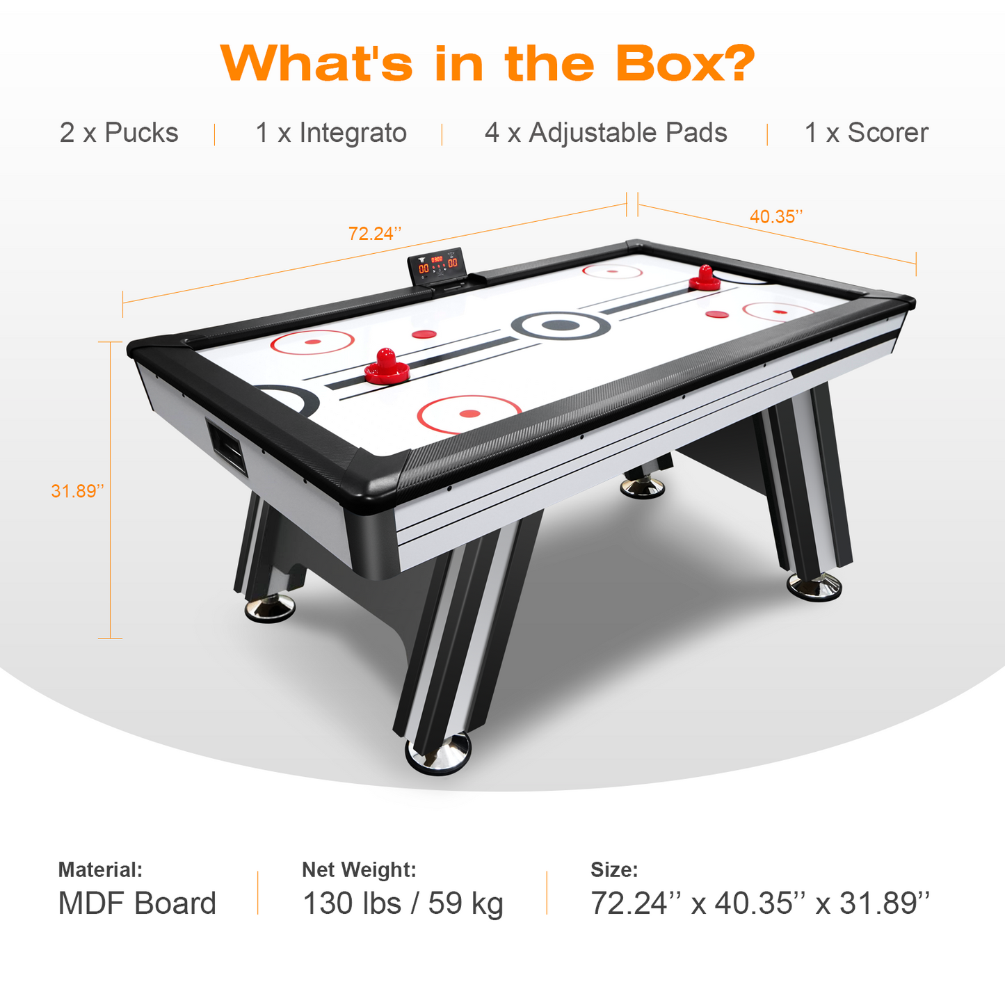 Air Hockey Table, 72" Indoor Hockey Table for Kids and Adults, LED Sports Hockey Game with 2 Pucks, 2 Pushers, and Electronic Score System, Arcade Gaming Set for Game Room Family Home