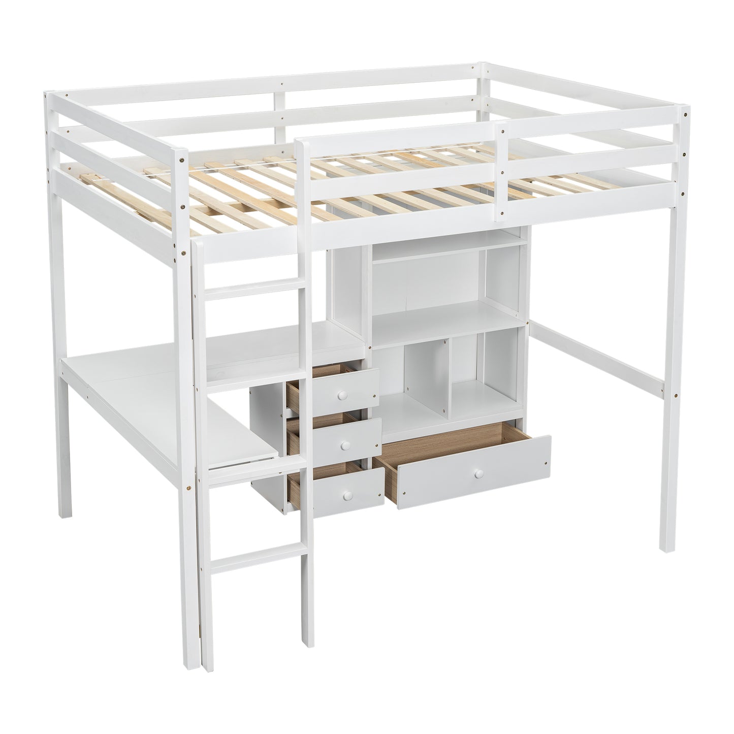 Full Size Loft Wood Bed with Desk, Storage shelves and Drawers, Built-in Ladder, High Loft Bed with Desk, Storage Shelves and Drawers,Guardrails,White