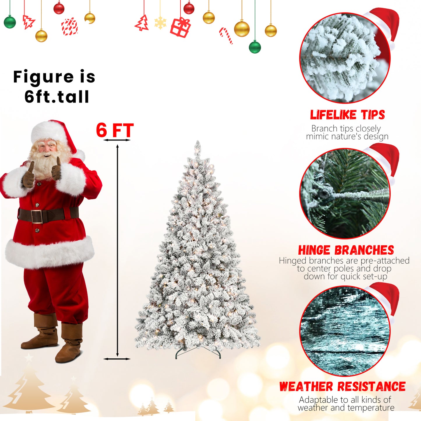 8FT Snow-Flocked Artificial Christmas Tree with Pine Cones, Prelit Xmas Trees, Hinged Easy Assembly & Reinforced Metal Base - Ideal for Indoor & Outdoor Festive Decorations