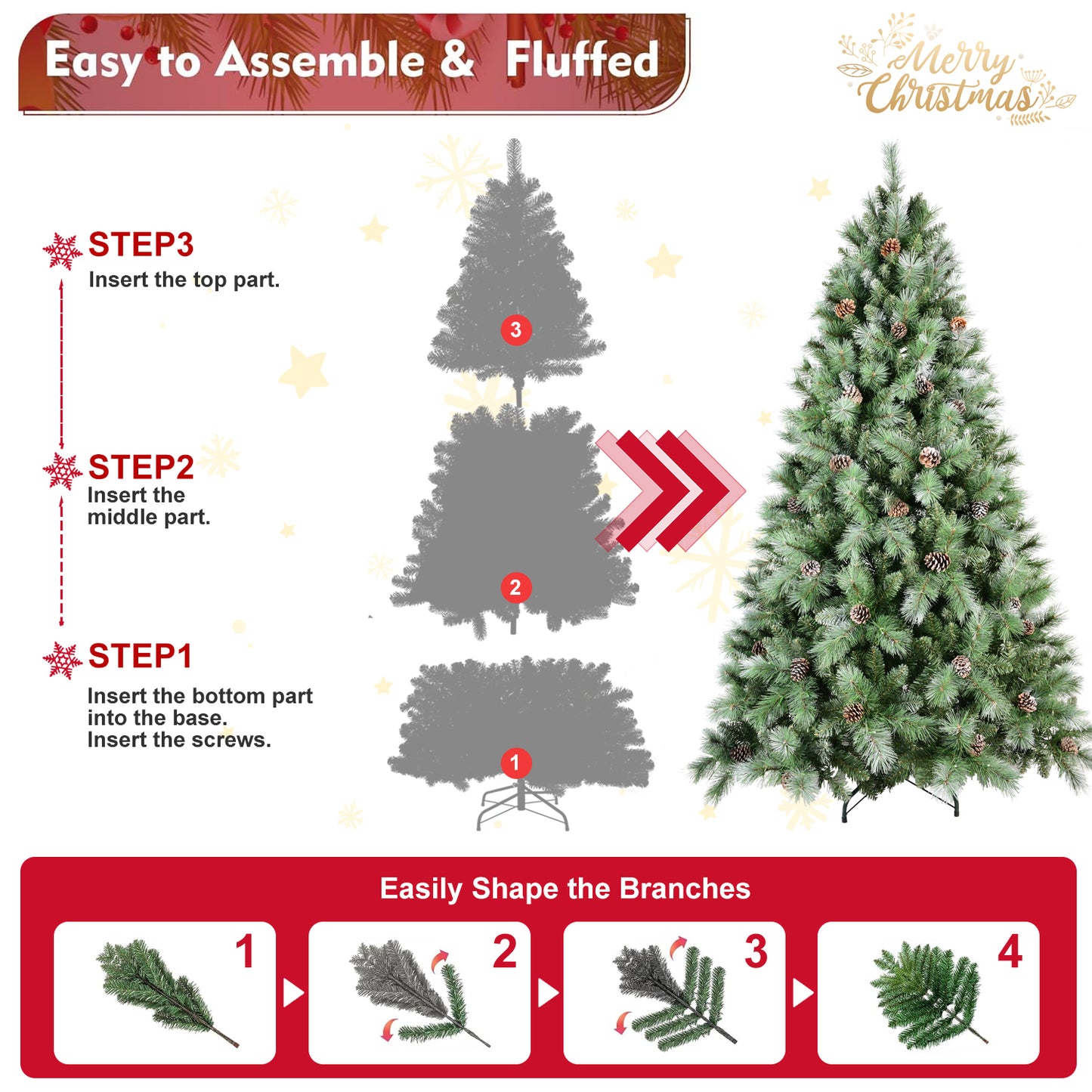 8FT Scotch Pine Christmas Tree, Premium Frosted Pre-Decorated Artificial Holiday Decor w/ 1,858 Branch Tips, Xmas Trees for Holiday Party Decoration