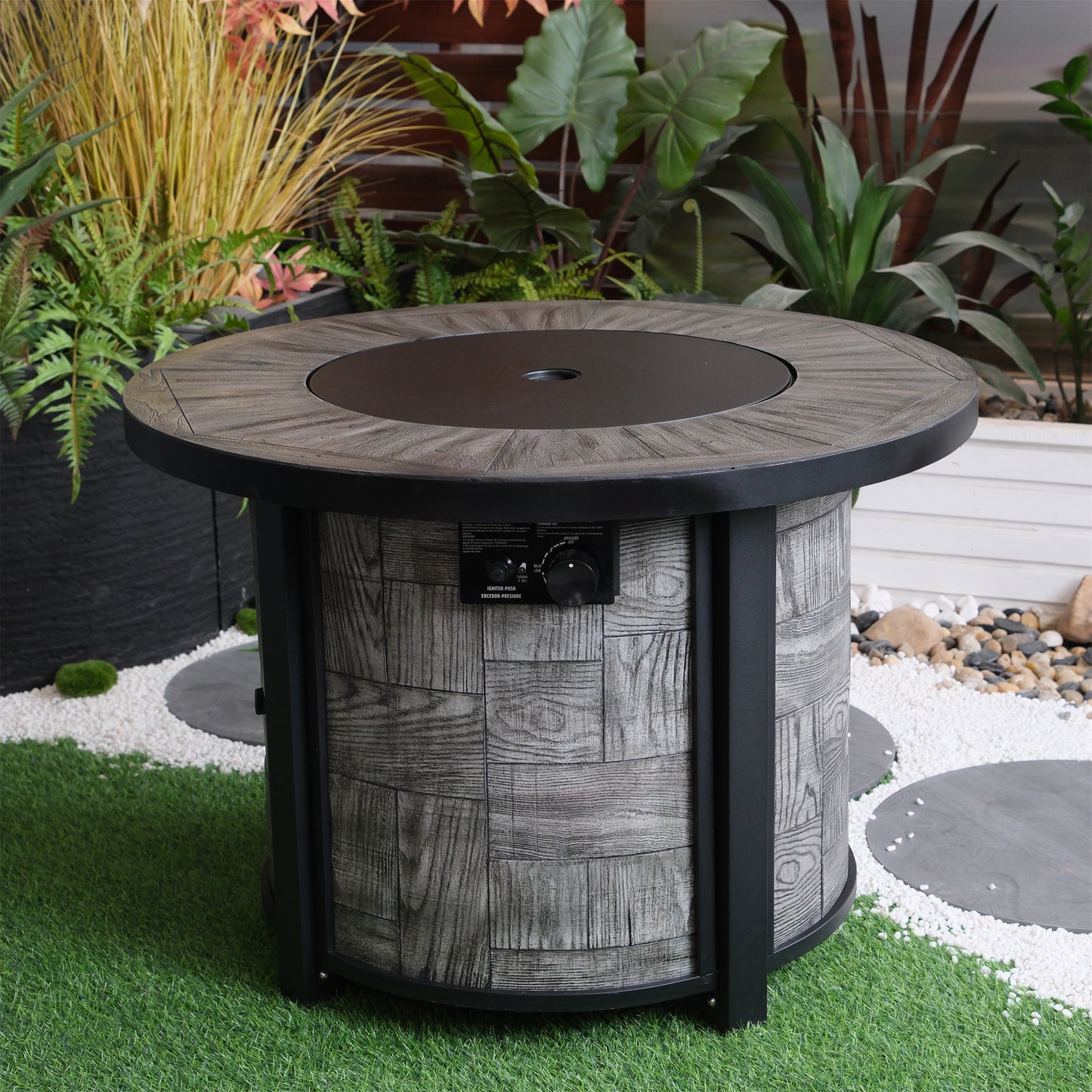 Outdoor Propane Fire Pit, Square Stonecrest Gas Fire Pit for Outside Patio, Concrete Propane Fire Table 50,000 BTU Gas Fire Pit w Lava Rocks, Waterproof Cover