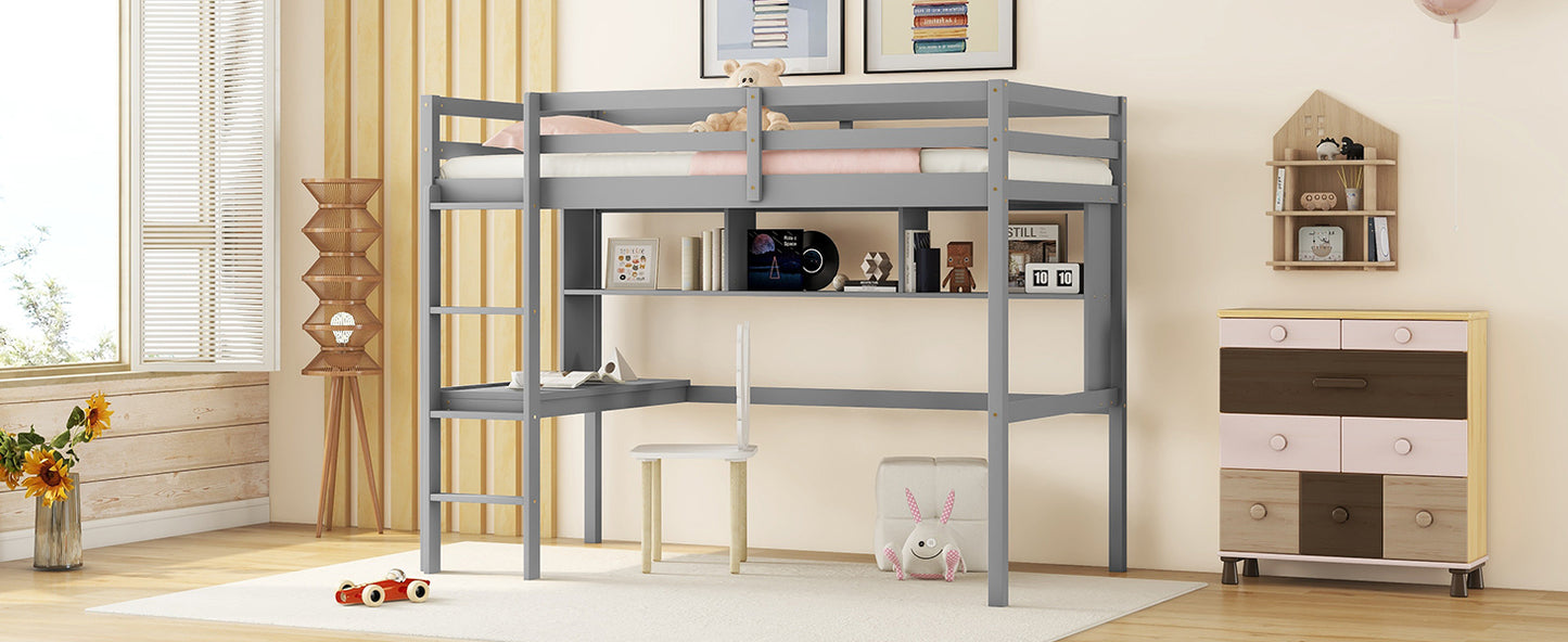 [SantaChoice] Twin Size Loft Bed with desk and shelves, Safety Guardrail and ladder,Grey