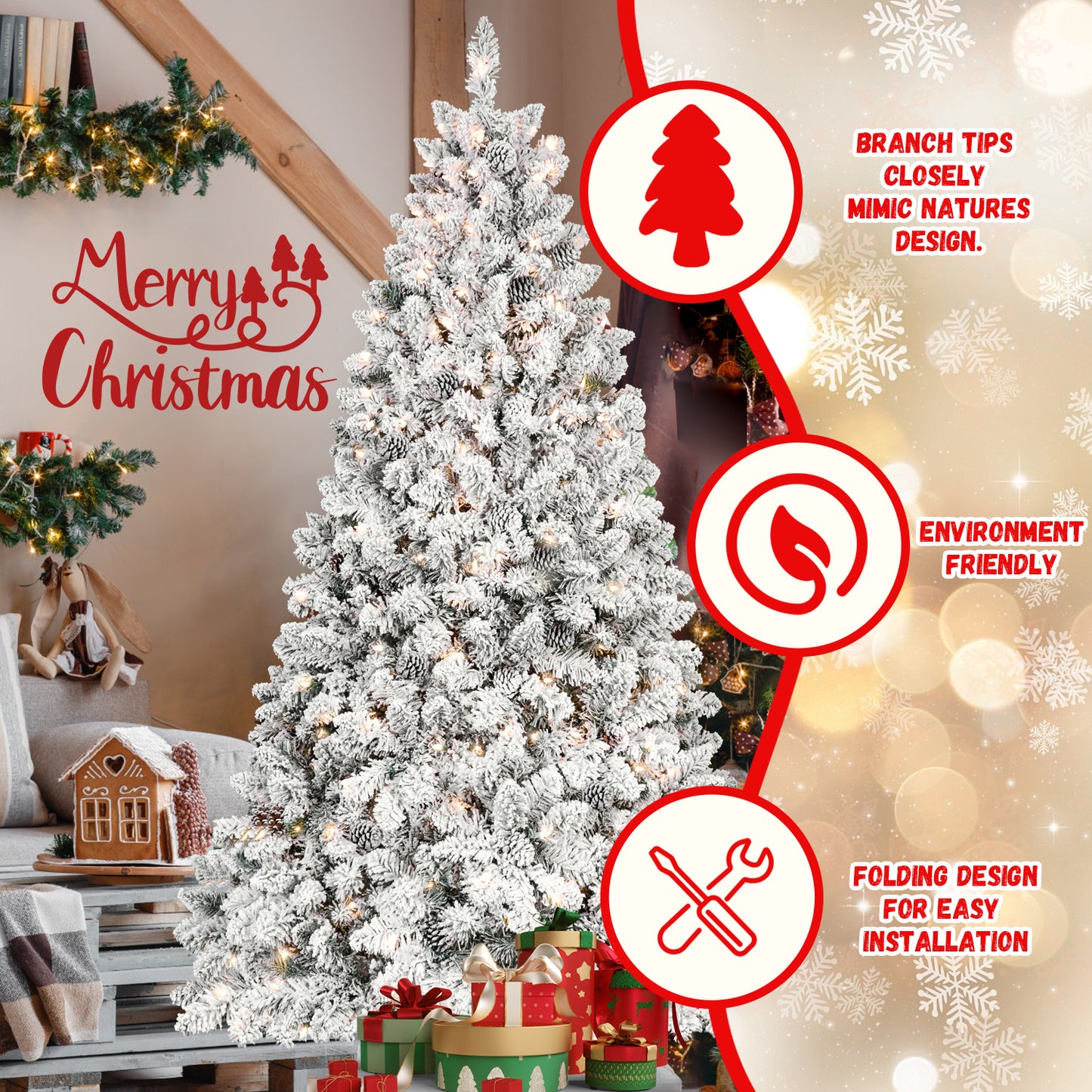 6FT Snow-Flocked Artificial Christmas Tree with Pine Cones, Prelit Xmas Trees, Hinged Easy Assembly & Reinforced Metal Base - Ideal for Indoor & Outdoor Festive Decorations