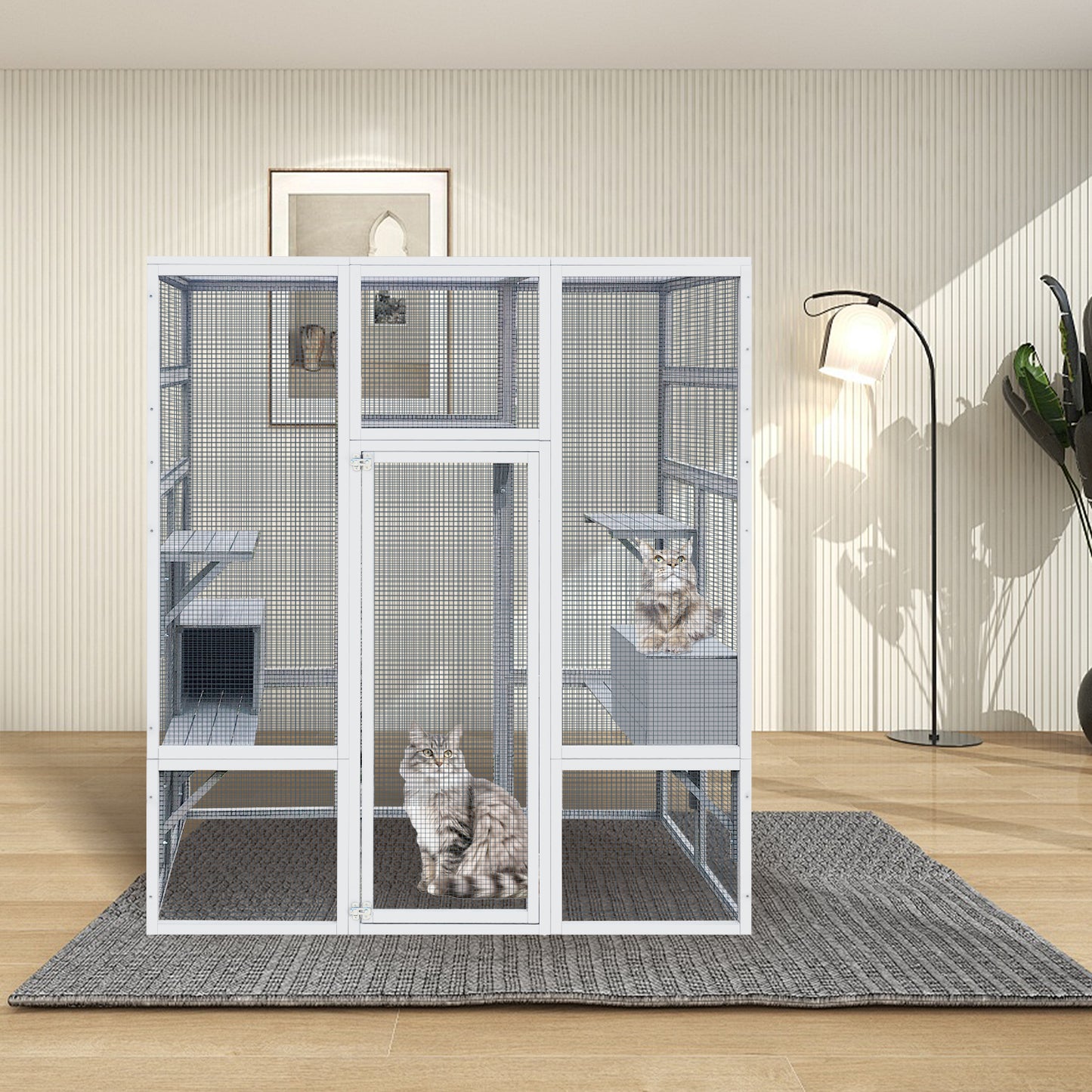 62.6" Outdoor Wooden Cat House Large Catio,  Solid Wood Cat Cage Shelter Enclosure Playpen with Anti-UV& Waterproof, 7 Platforms and 2 Resting Boxes