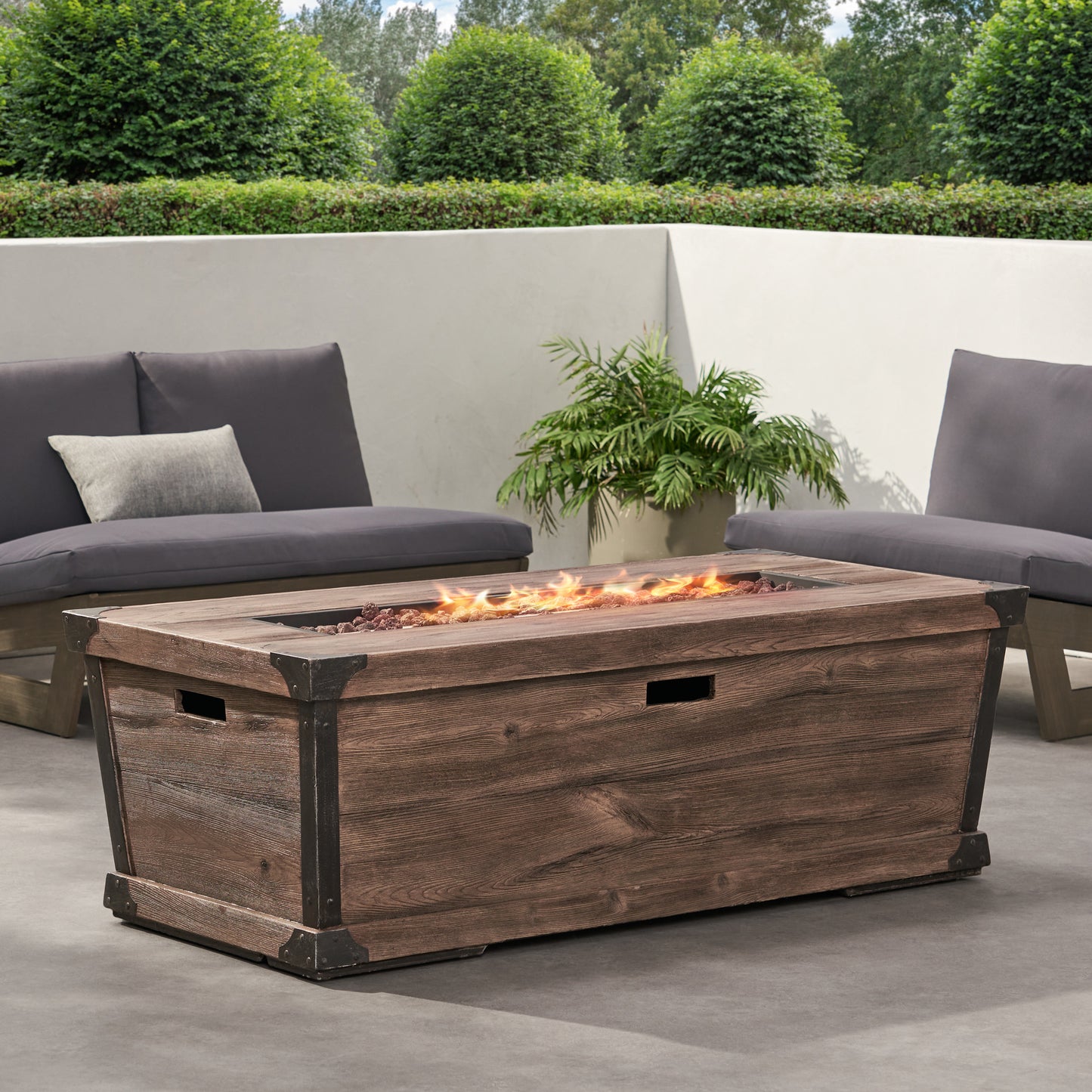 Outdoor Patio Concrete Fire table, Rectangle Gas Burning 56-Inch Fire Pit - 50,000 BTU, Wood Pattern Fire Table, Brown (Tank Cover not Included)