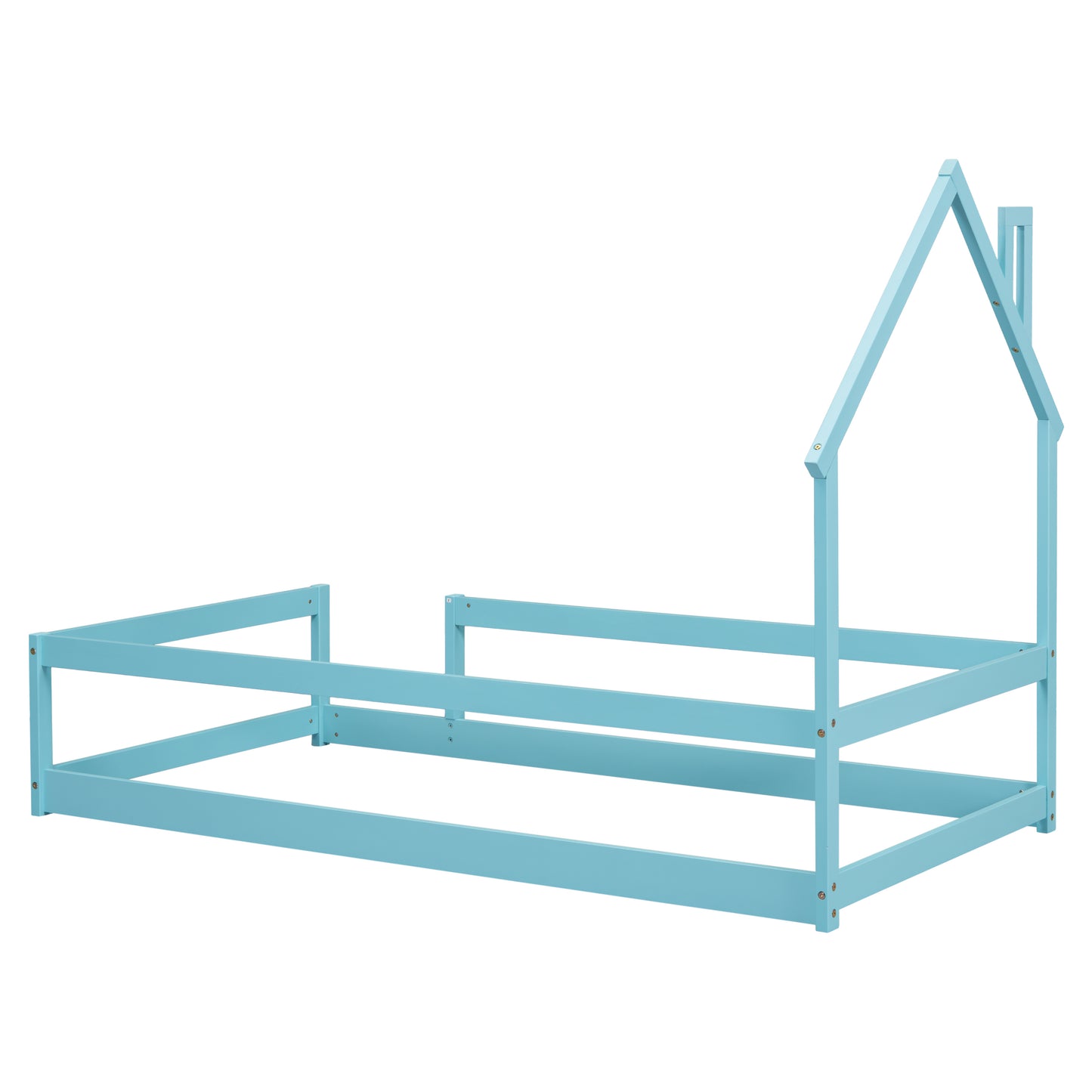 Twin Size Wood bed with House-shaped Headboard Floor bed with Fences,Light Blue