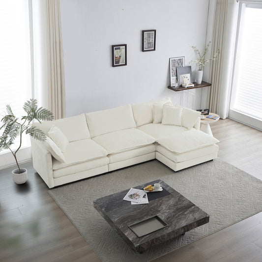 [SantaChoice] Free Combination Comfy Upholstery Modular Oversized L Shaped Sectional Sofa With Reversible Ottoman, White Chenille