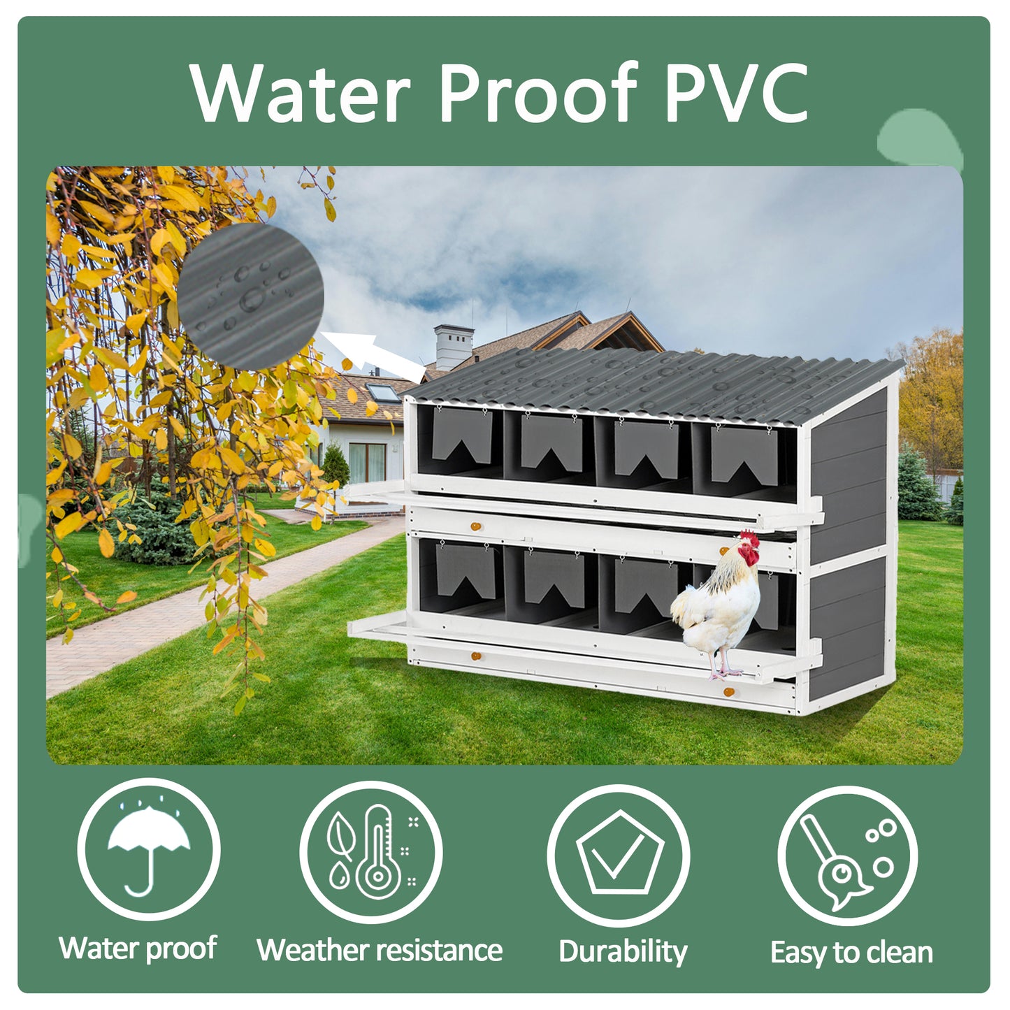 Nesting Boxes for Chickens, Wooden Chicken Nesting Box, 8 Compartments Egg Laying Boxes for Hens, Ducks and Poultry with Rollout Eggs Collection, PVC Roofing and Foldable Perches, 47"Lx26.4"Wx35.4"H