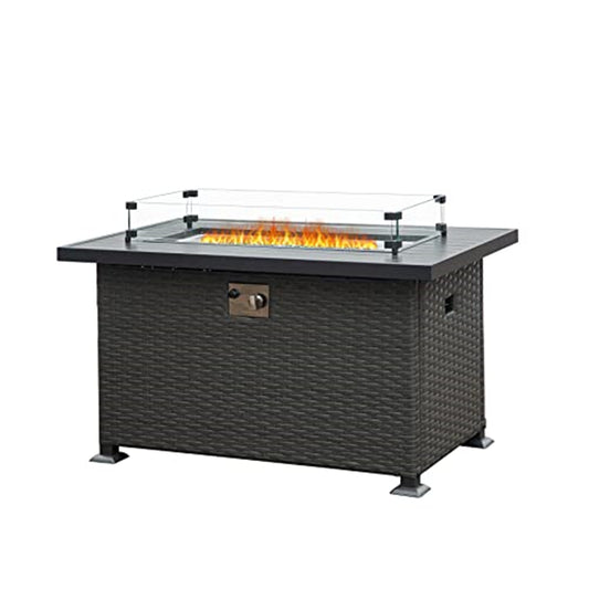 43.3 Inch Fire Pit Table with Glass Wind Guard, 50,000 BTU Smokeless Fire Pits for Outside with Aluminum Tabletop, Outdoor Wicker Gas Fire Pits for Patio