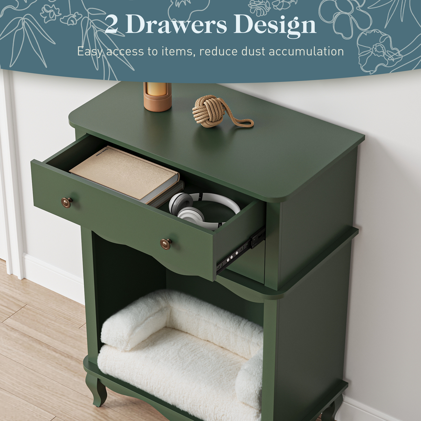 Pet Storage Cabinet , 2 Drawers and Semi-Open Space, Hidden Cat Litter Box, Multi-Functional End Table-Green