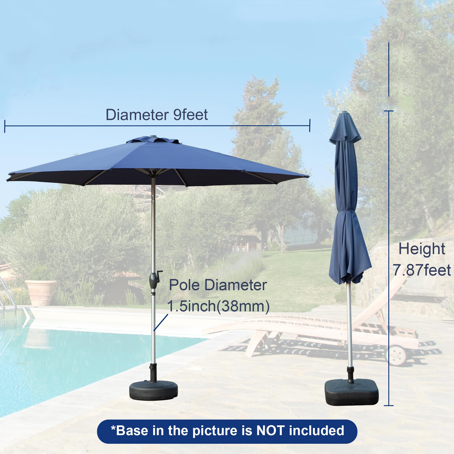 [SantaChoice] 9FT Patio Umbrella, Outdoor Table Umbrella with Push Button Tilt and Crank, UV Protection Waterproof Market Sun Umbrella with 8 Sturdy Ribs for Garden, Deck, Backyard, Pool (Navy Blue)