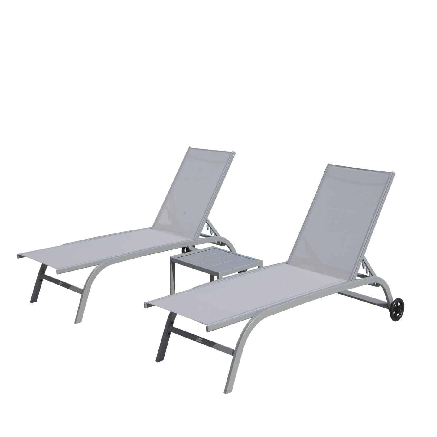 Chaise Lounge Outdoor Set of 3, Lounge Chairs for Outside with Wheels, Outdoor Lounge Chairs with 5 Adjustable Position, Pool Lounge Chairs for Patio, Beach(Grey,2 Lounge Chairs+1 Table)