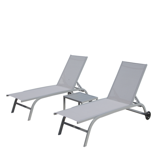 Chaise Lounge Outdoor Set of 3, Lounge Chairs for Outside with Wheels, Outdoor Lounge Chairs with 5 Adjustable Position, Pool Lounge Chairs for Patio, Beach(Grey,2 Lounge Chairs+1 Table)