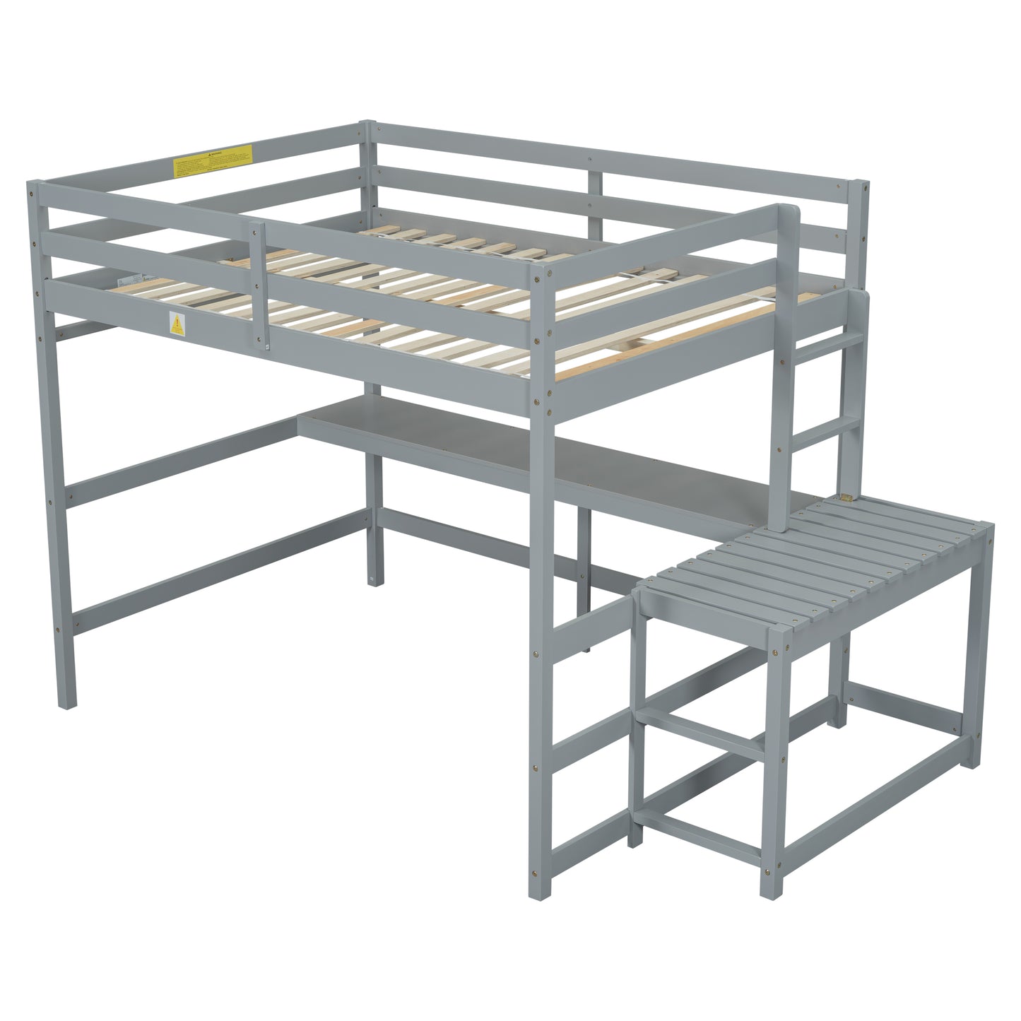 Full Size High Loft Bed with Built-in Desk, Ladder Platform, Ladders, Guardrails ,Grey