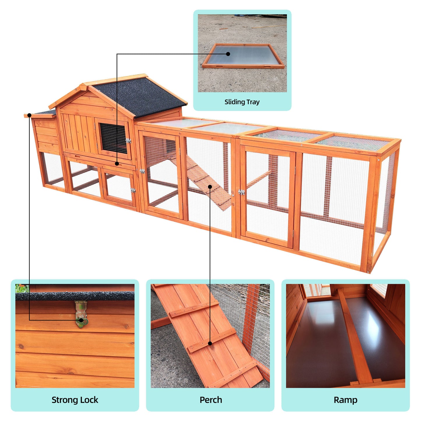 111.5" Wooden Chicken Coop, Large Outdoor Hen House with Nesting Box Poultry Cage, Rabbit Hutch Bunny Cage , Waterproof UV Panel for Outdoor Backyard