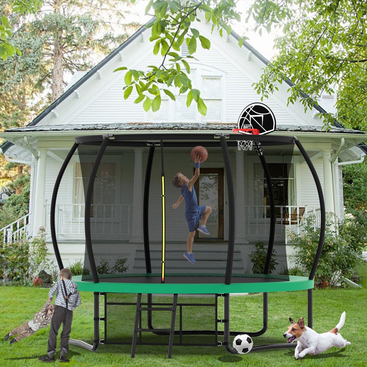 10FT Pumpkin Trampoline, Outdoor Trampoline with Basketball Hoop, Enclosure Net and Ladder