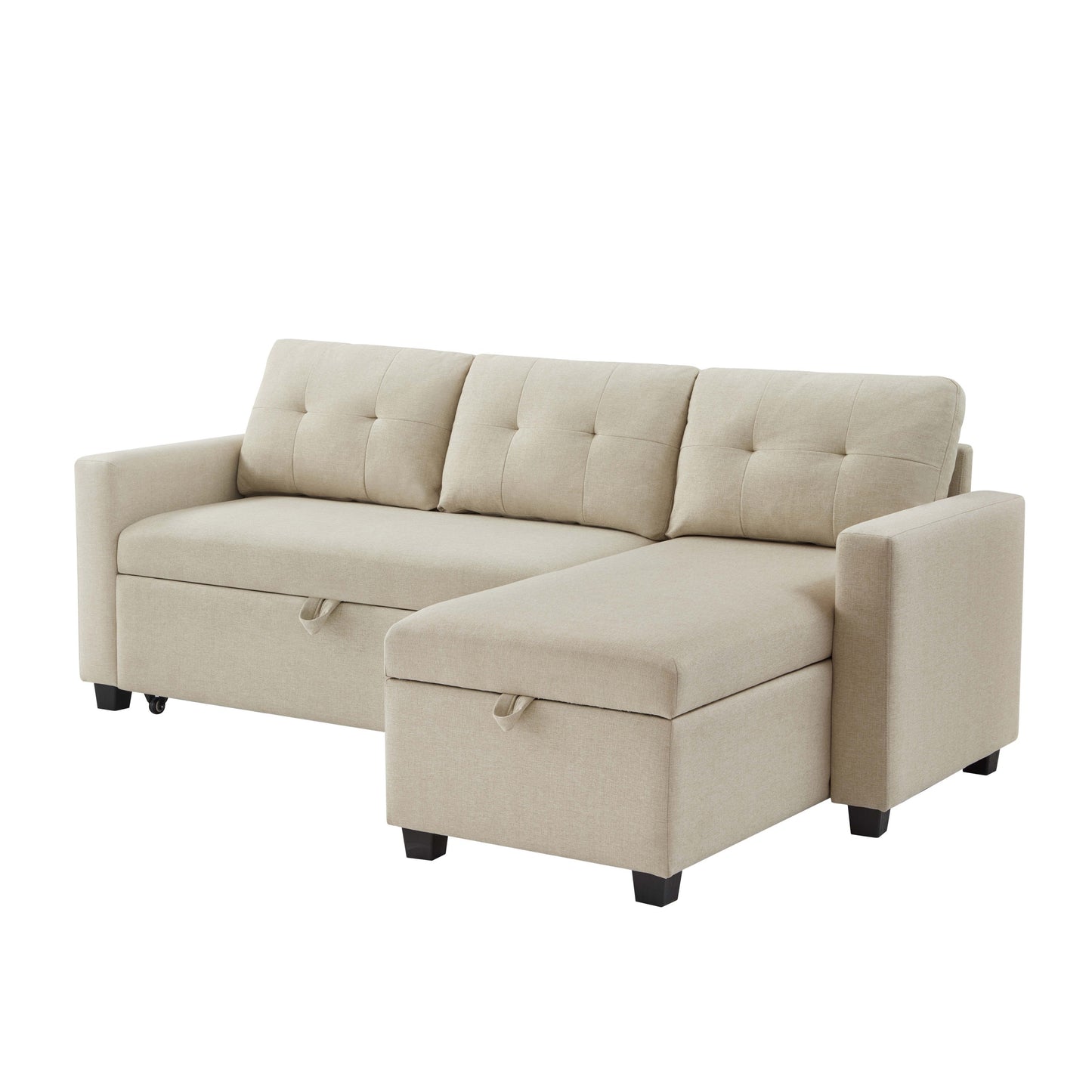 [SantaChoice] Upholstered Pull Out Sectional Sofa with Storage Chaise, Convertible Corner Couch, Beige