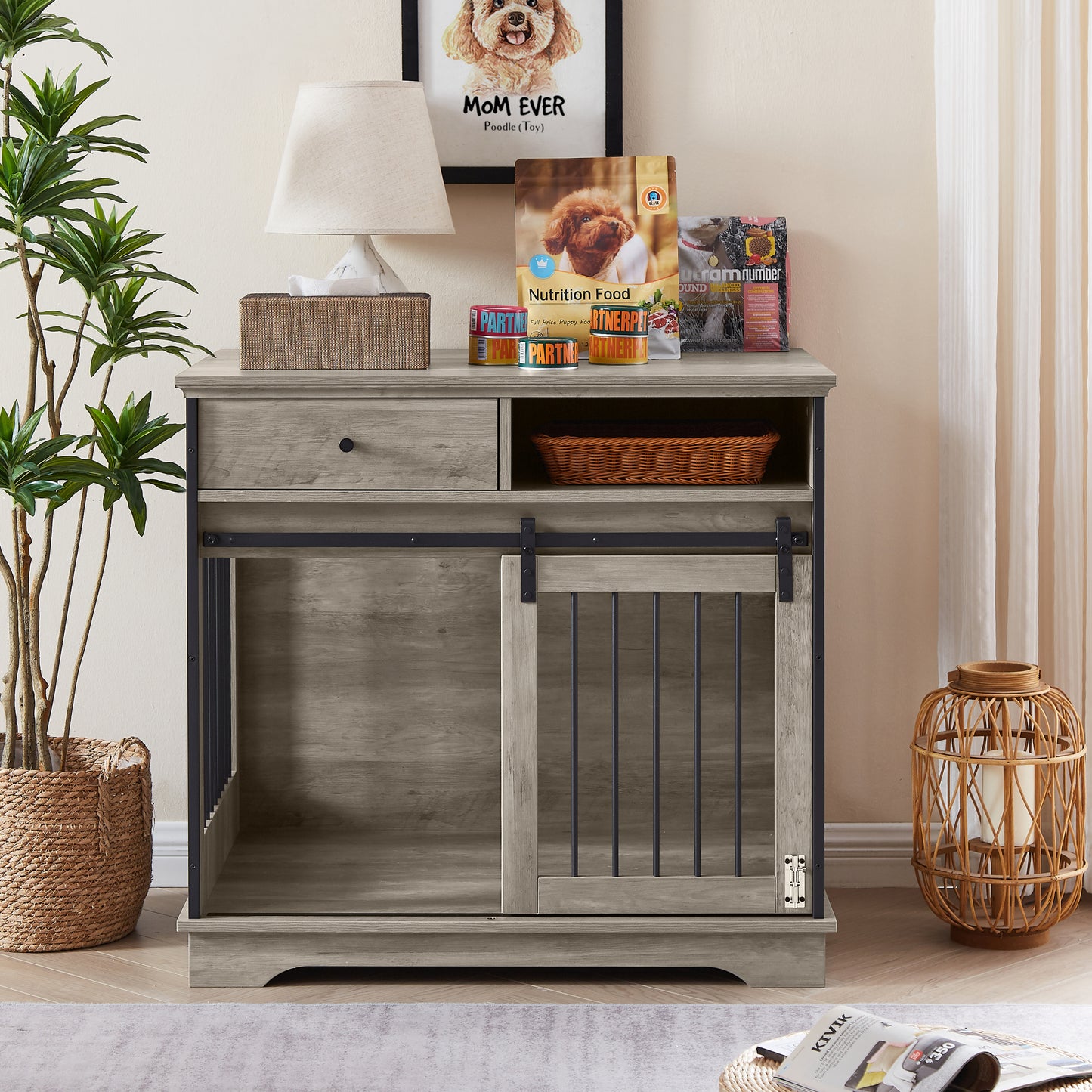 Sliding door dog crate with drawers. Grey,35.43'' W x 23.62'' D x 33.46'' H