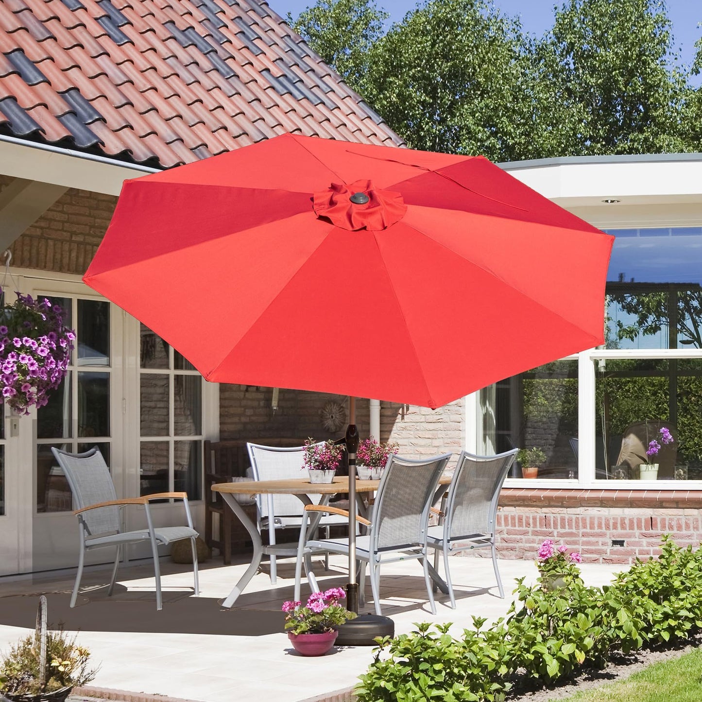 9FT Patio Umbrella, Outdoor Table Umbrella with Push Button Tilt and Crank, UV Protection Waterproof Market Sun Umbrella with 8 Sturdy Ribs for Garden, Deck, Backyard, Pool (Brick red)