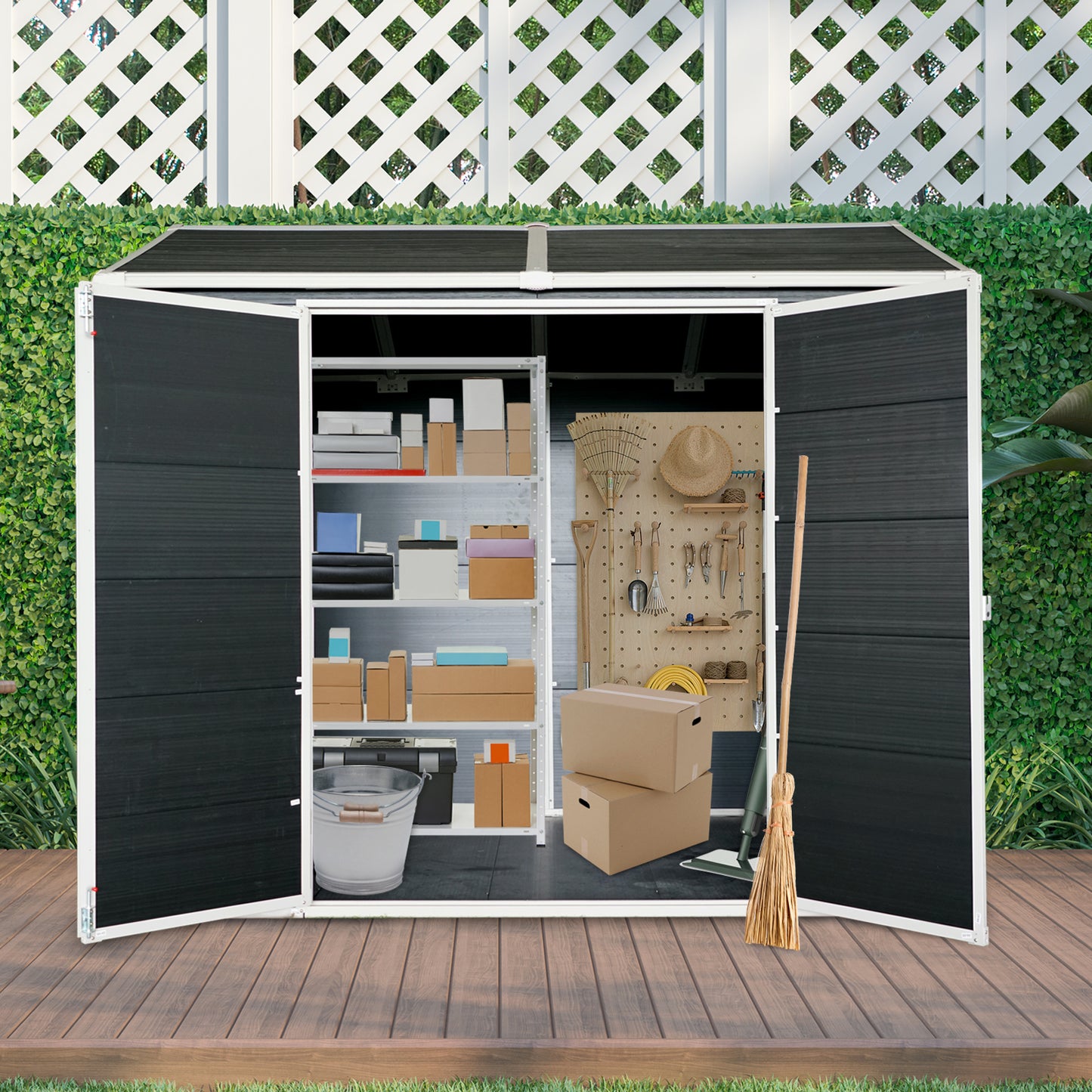 8 x 6ft  Resin Outdoor Storage Shed Waterproof Shed with Floor & Two Windows & Lockable Door, Tool Shed for Garden, Patio, Backyard ,Black