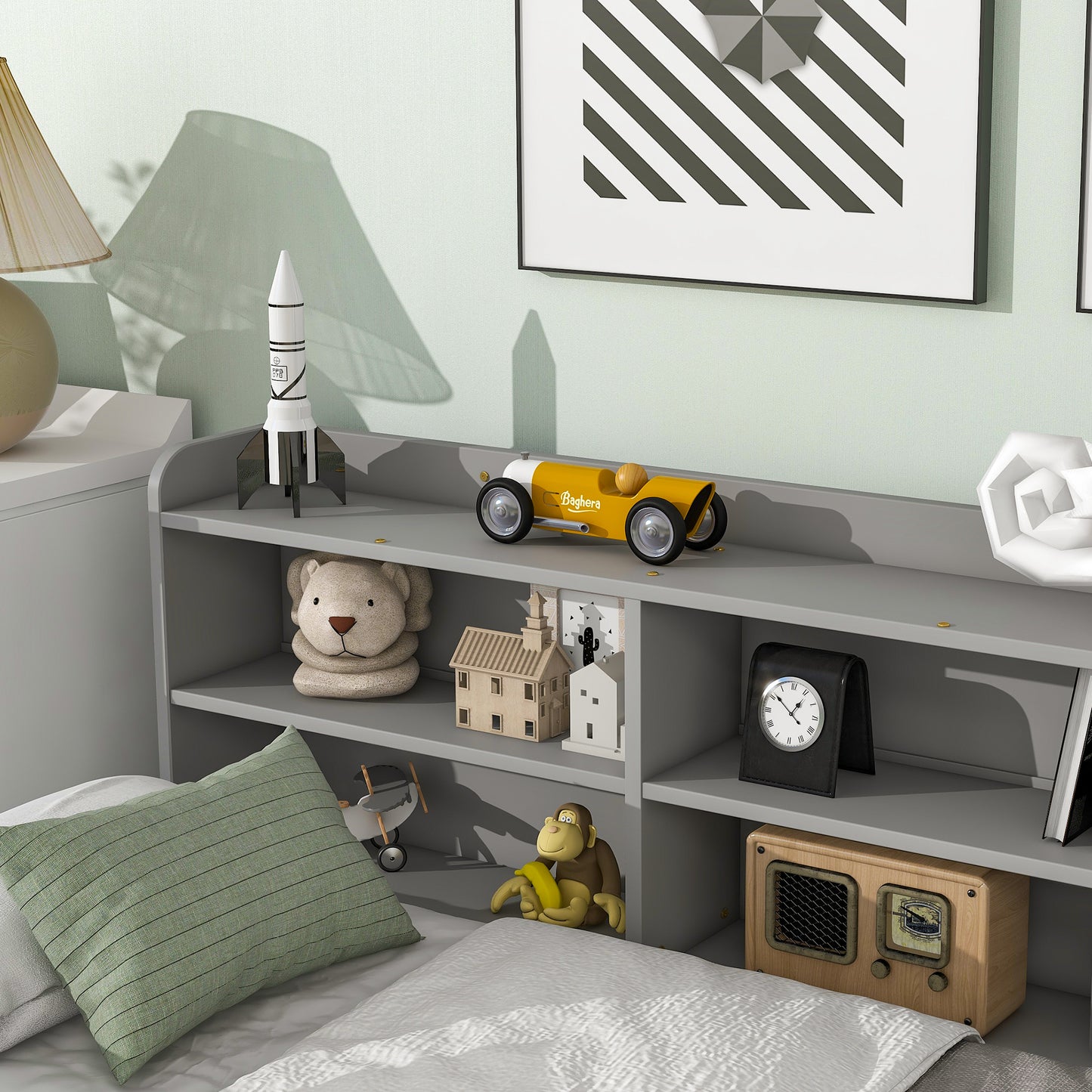 Full Bed with Side Bookcase, Drawers,Grey