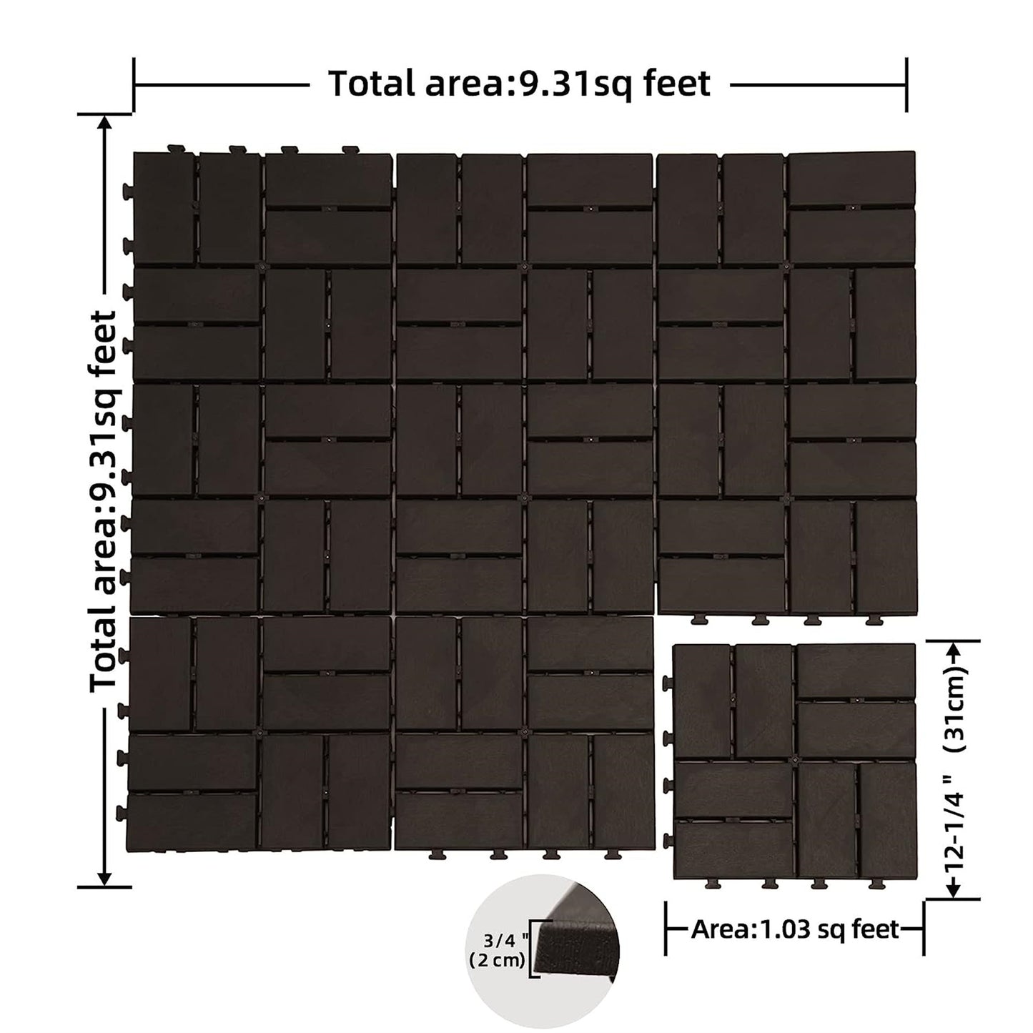 Patio Interlocking Deck Tiles, 12"x12" Square Composite Decking Tiles, Four Slat Plastic Outdoor Flooring Tile All Weather for Balcony Porch Backyard, (Brown, Pack of 36)