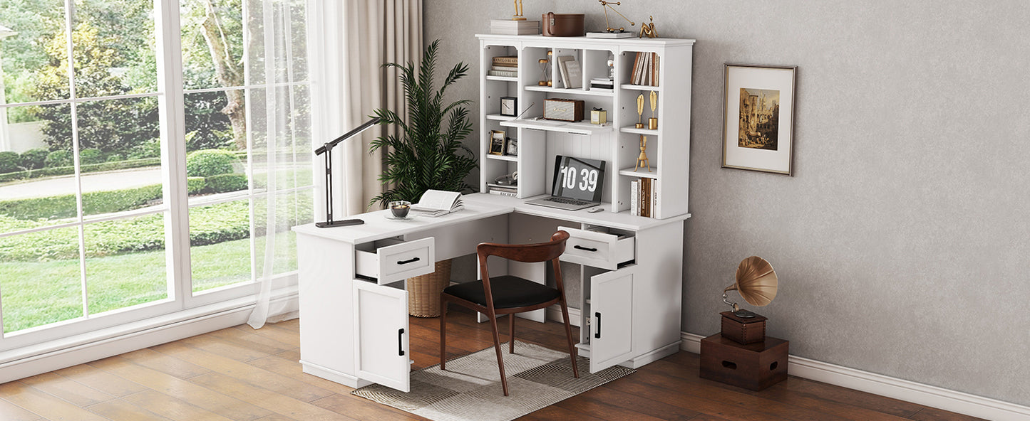 L-shaped computer desk with 2 cabinets and 2 drawers underneath the table, 11 open shelves and a flip-up shelf with storage on the right side, suitable for study, living room and office, White