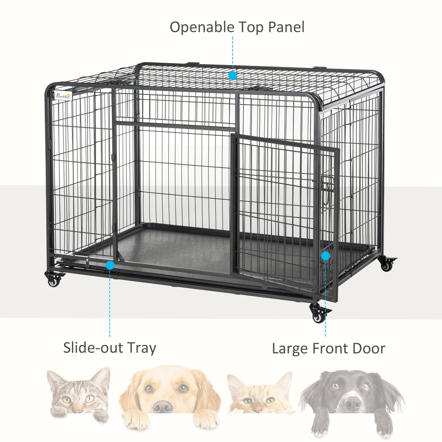 PawHut Folding Design Heavy Duty Metal Dog Cage Crate & Kennel with Removable Tray and Cover, & 4 Locking Wheels, Indoor/Outdoor 49"