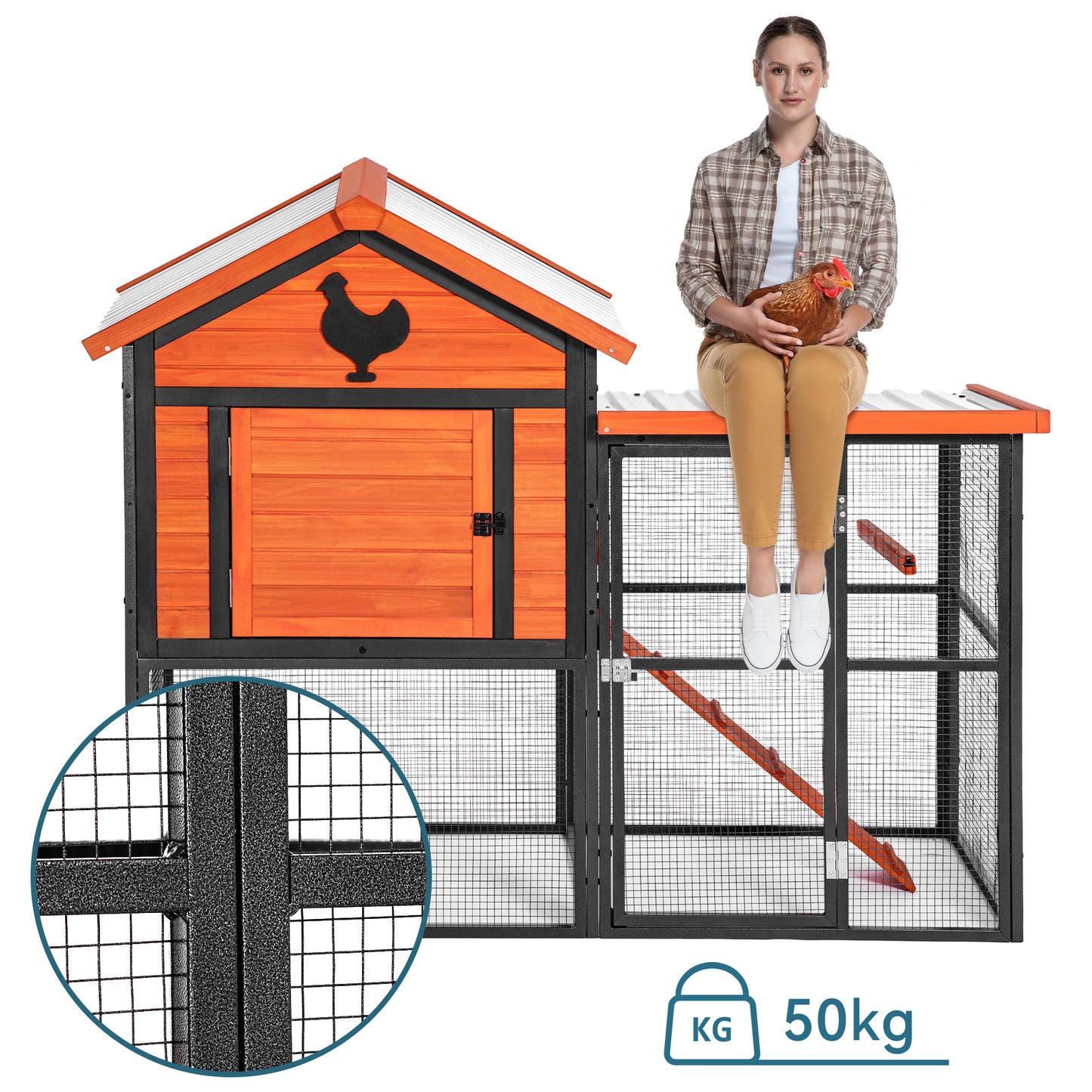 Durable Wood and Iron Chicken Coop with Runway and Waterproof Roof, Suitable for 5-7 Chickens, Built-in Nesting Box