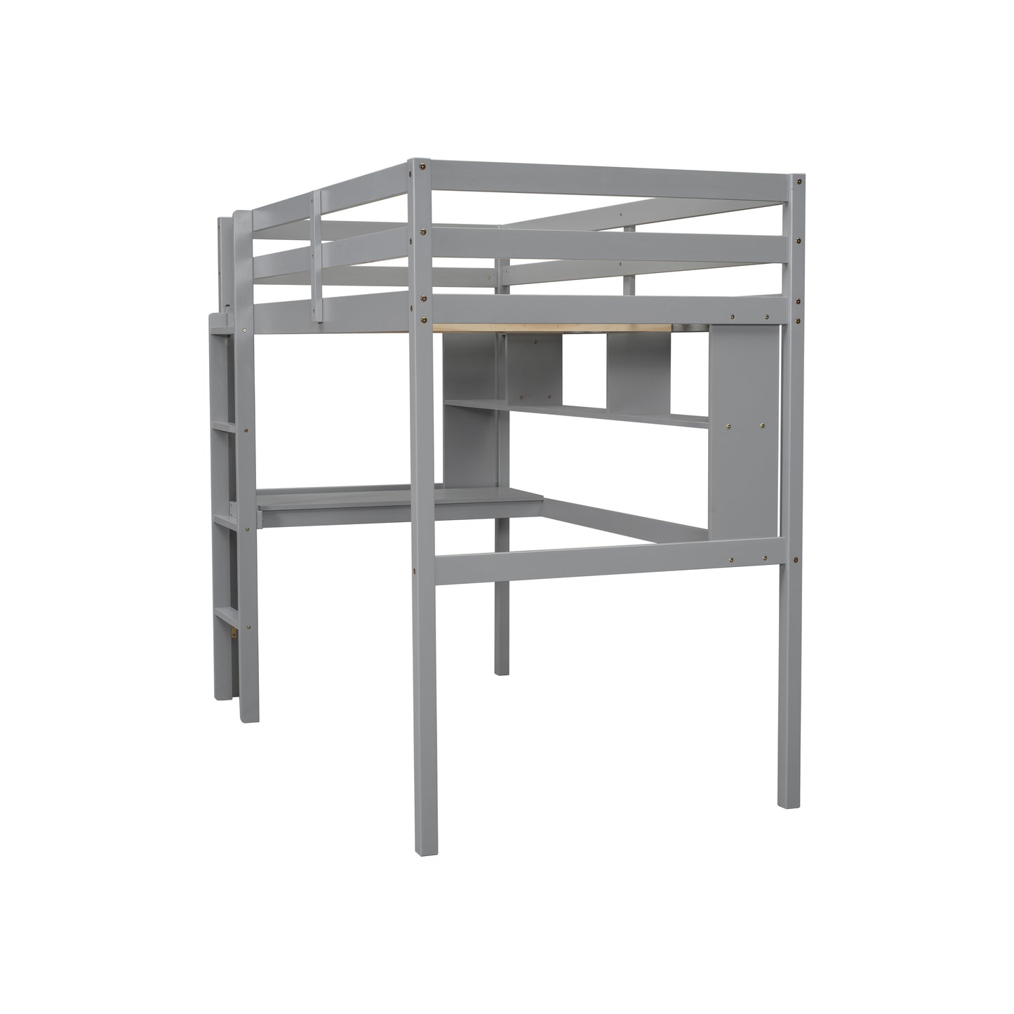 [SantaChoice] Twin Size Loft Bed with desk and shelves, Safety Guardrail and ladder,Grey