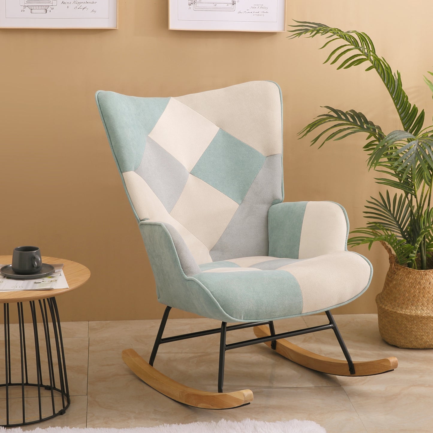 Accent Rocking Chair, Mid Century Fabric Rocker Chair with Wood Legs and Patchwork Linen for Livingroom Bedroom