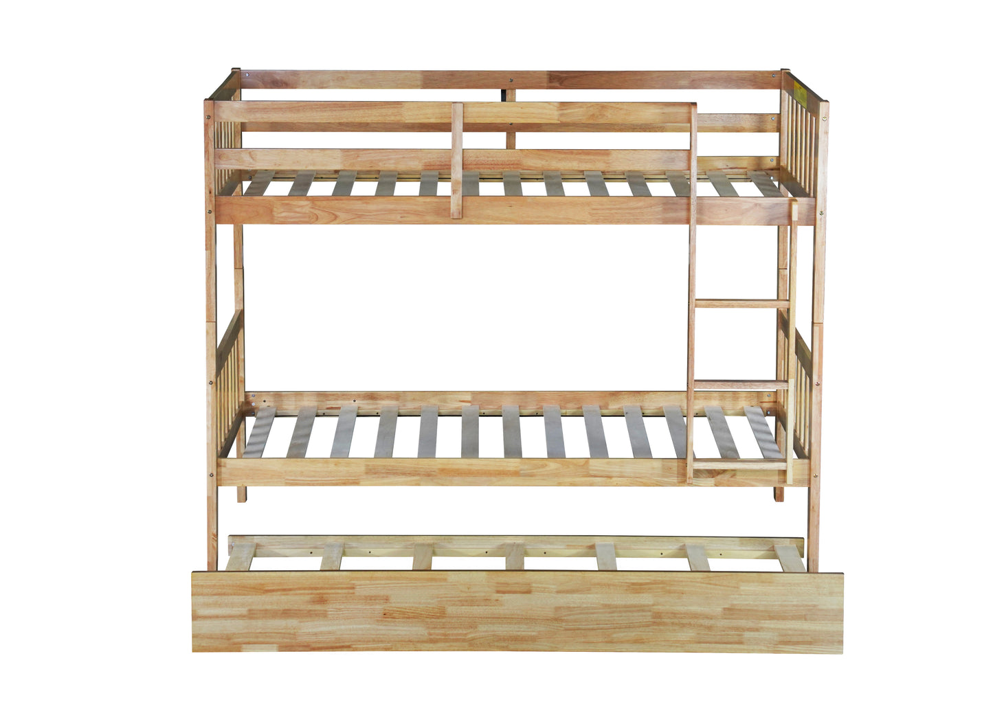 Twin Over Twin Rubber Wood Bunk Bed with Trundle, Convertible into 2 Twin Size Beds, Twin Size Bunk Bed with Ladder and Safety Guardrails,Natural