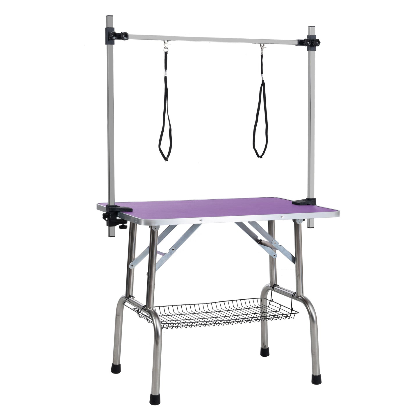 46" Folding Dog Pet Grooming Table Stainless Steel Frame Rubber Mat on Board with Adjustable Arm and Clamps pet dog Cat Grooming Table (PURPLE COLOR)