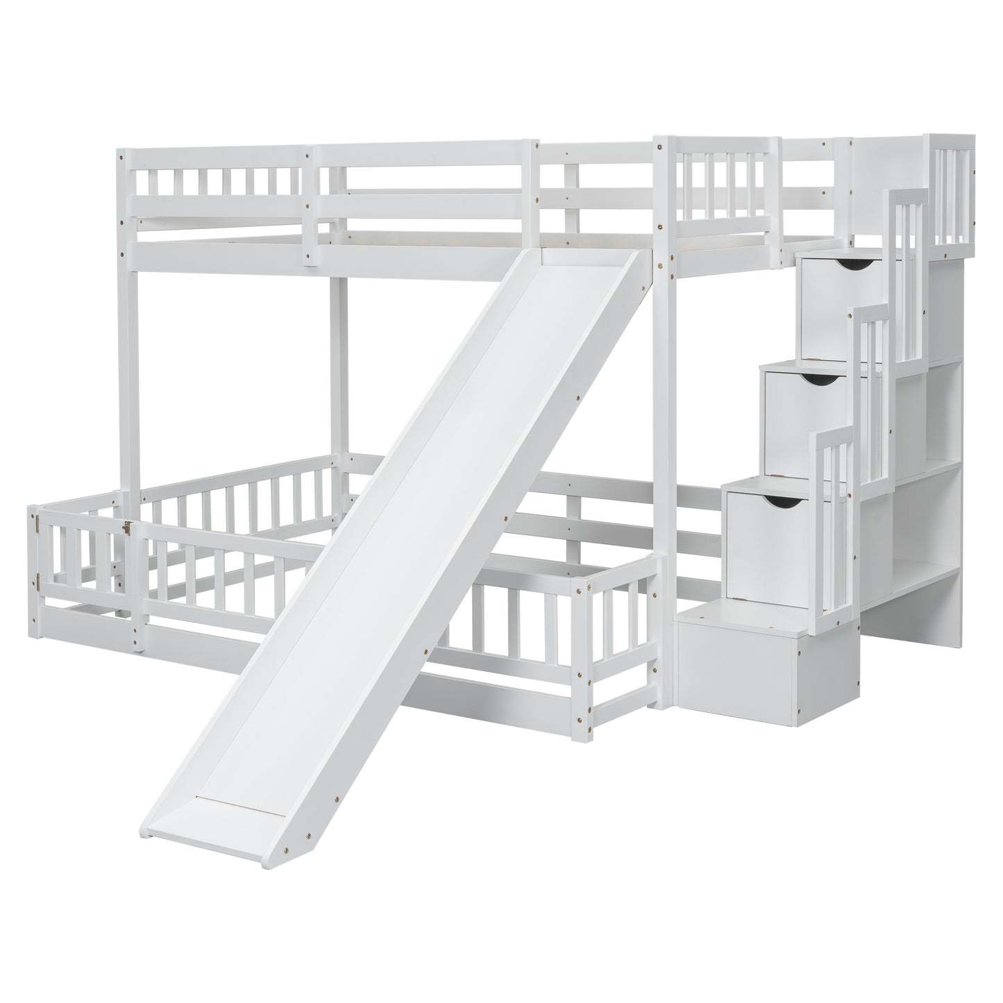 Twin Over Full Bunk Bed with Slide, Storage Staircase, Pine Solid Wooden Bunk Bed with Safety Guardrails,White