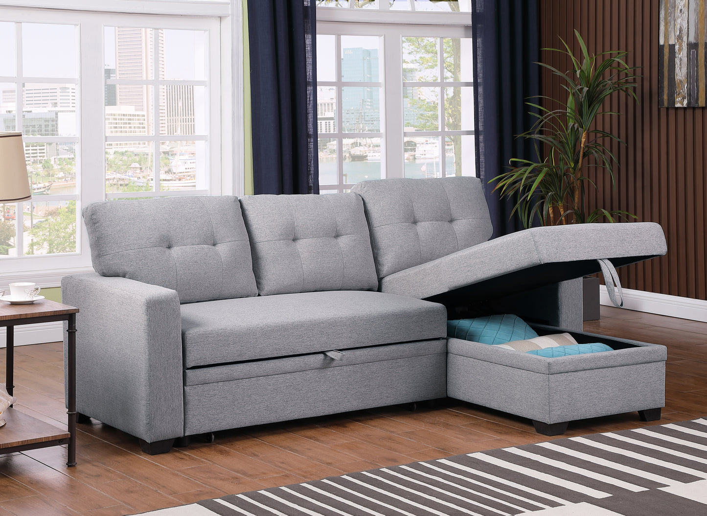 [SantaChoice] Upholstered Pull out Sectional Sofa with Chaise