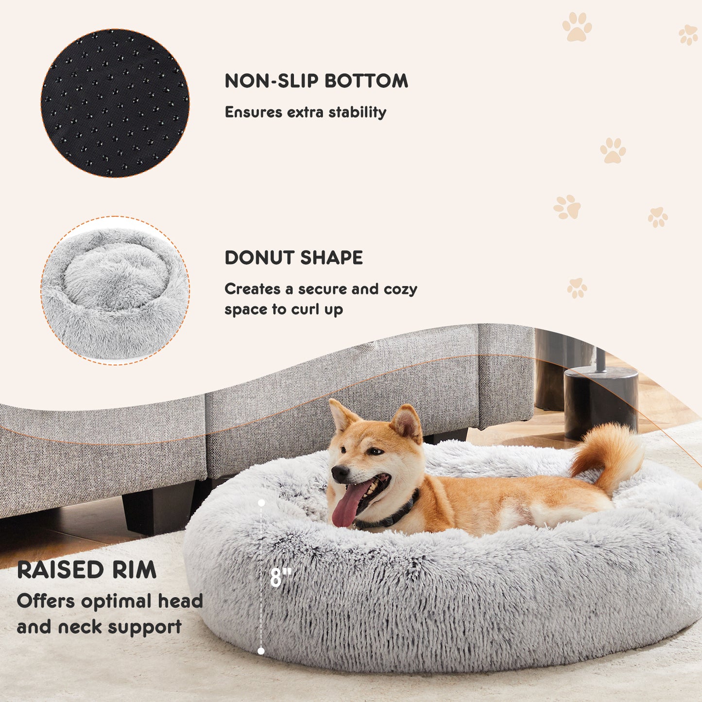 Anti-Slip Round Fluffy Plush Faux Fur Cat Bed, Small  gray