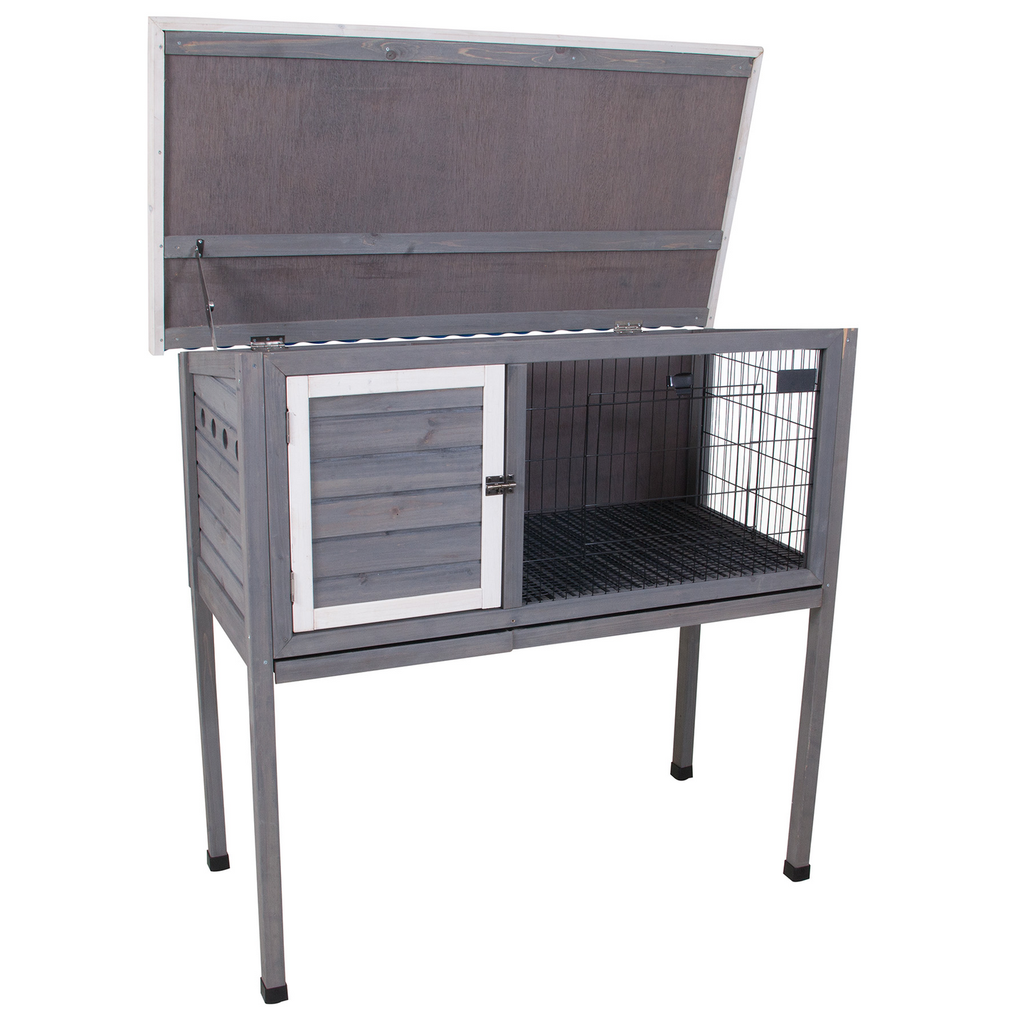 48"Wood Rabbit Hutch, Indoor Outdoor Bunny Cage with Roof and Removable Tray, Chicken Coop with Lockable Door, Guinea Pig Cage, Small Animal Houses & Habitats (Grey