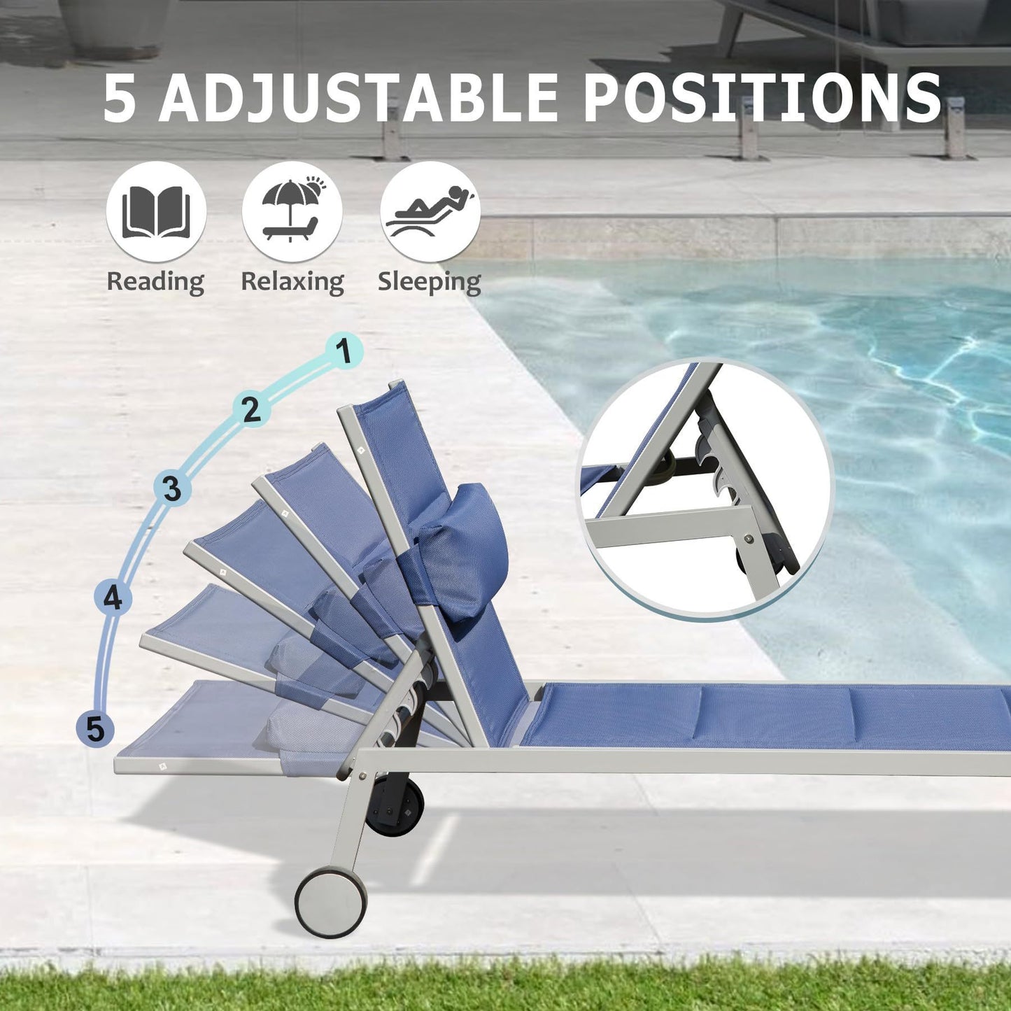 [SantaChoice] Outdoor Patio Chaise Lounge Set of 3, Aluminum Pool Lounge Chairs with Side Table and Wheels, Textilene Padded Adjustable Recliner All Weather for Poolside, Beach, Yard, Balcony (Navy Blue)