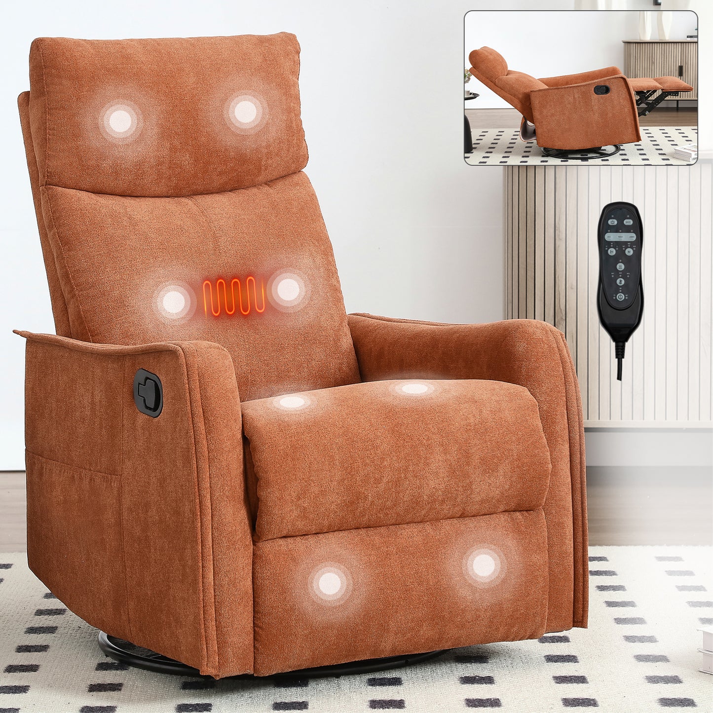 Heat Massage Manual Recliner Chair with Rocker and Swivel in Fabric for Living Room, Orange