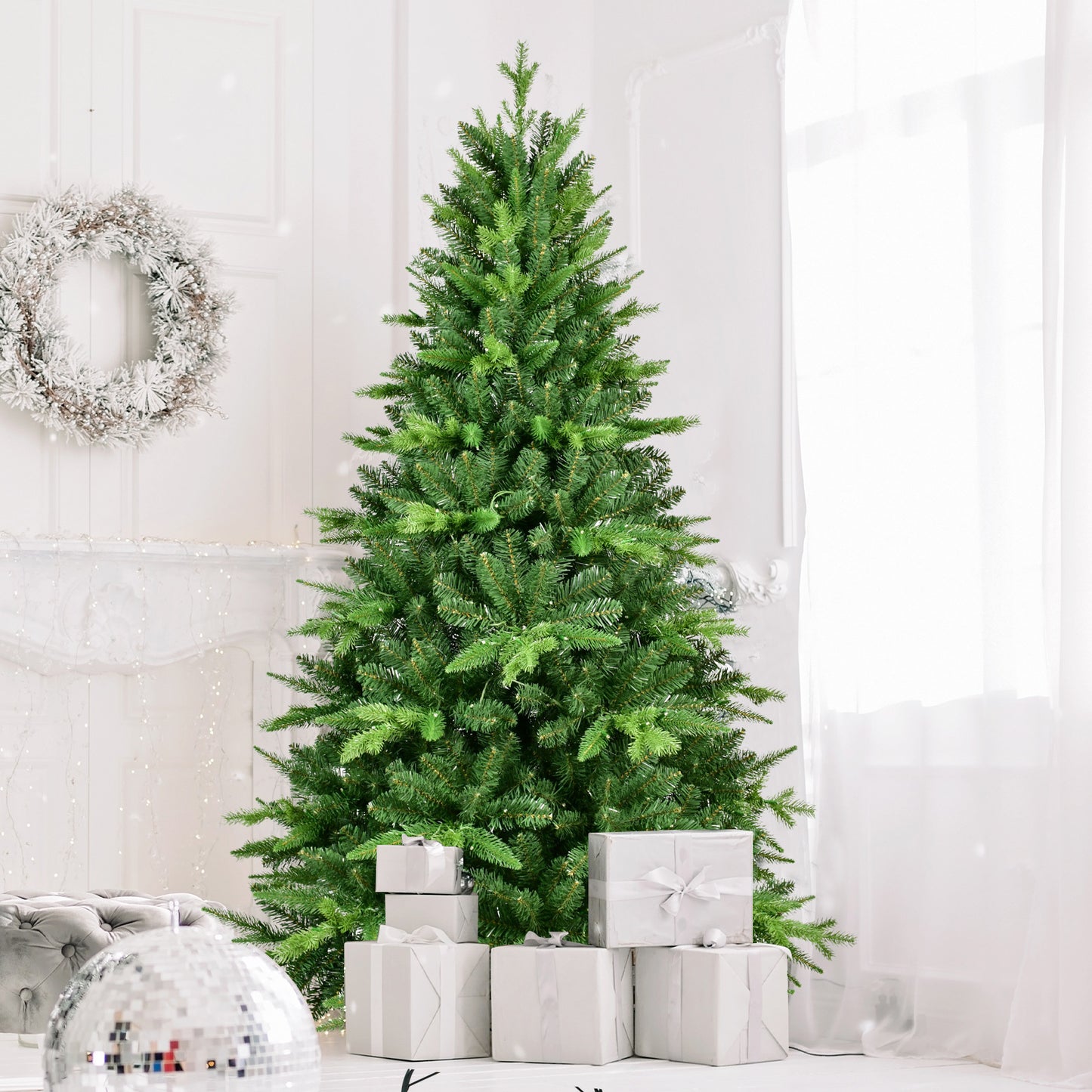 7FT PE And PVC Christmas Tree with Lights, Unique Christmas Tree Prelit with 1692 Branch Tips,450 Warm White LEDs and Metal Stand, Aritificial Christmas Tree