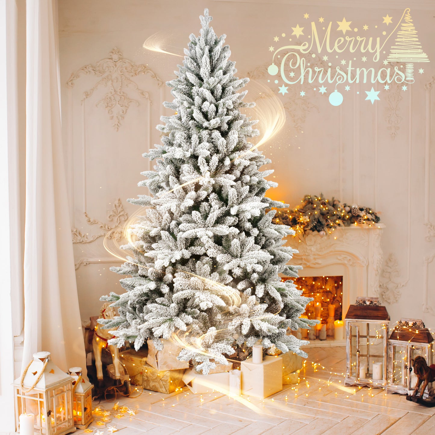 7FT PE & PVC Flocked Artificial Christmas Tree, With 1514 branch tips and metal stand, Foldable Fake Tree with Realistic Snowy Foliage for Home Decoration