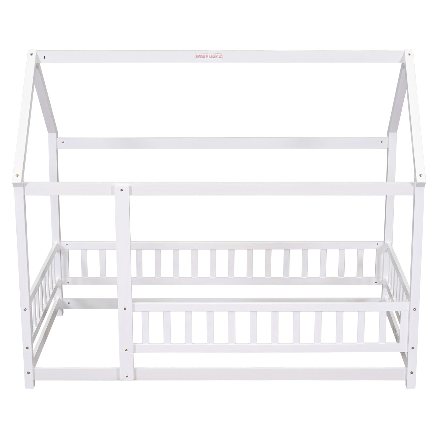 Twin Size Floor Wooden Bed with House Roof Frame, Fence Guardrails,White(Old SKU:W50471472)