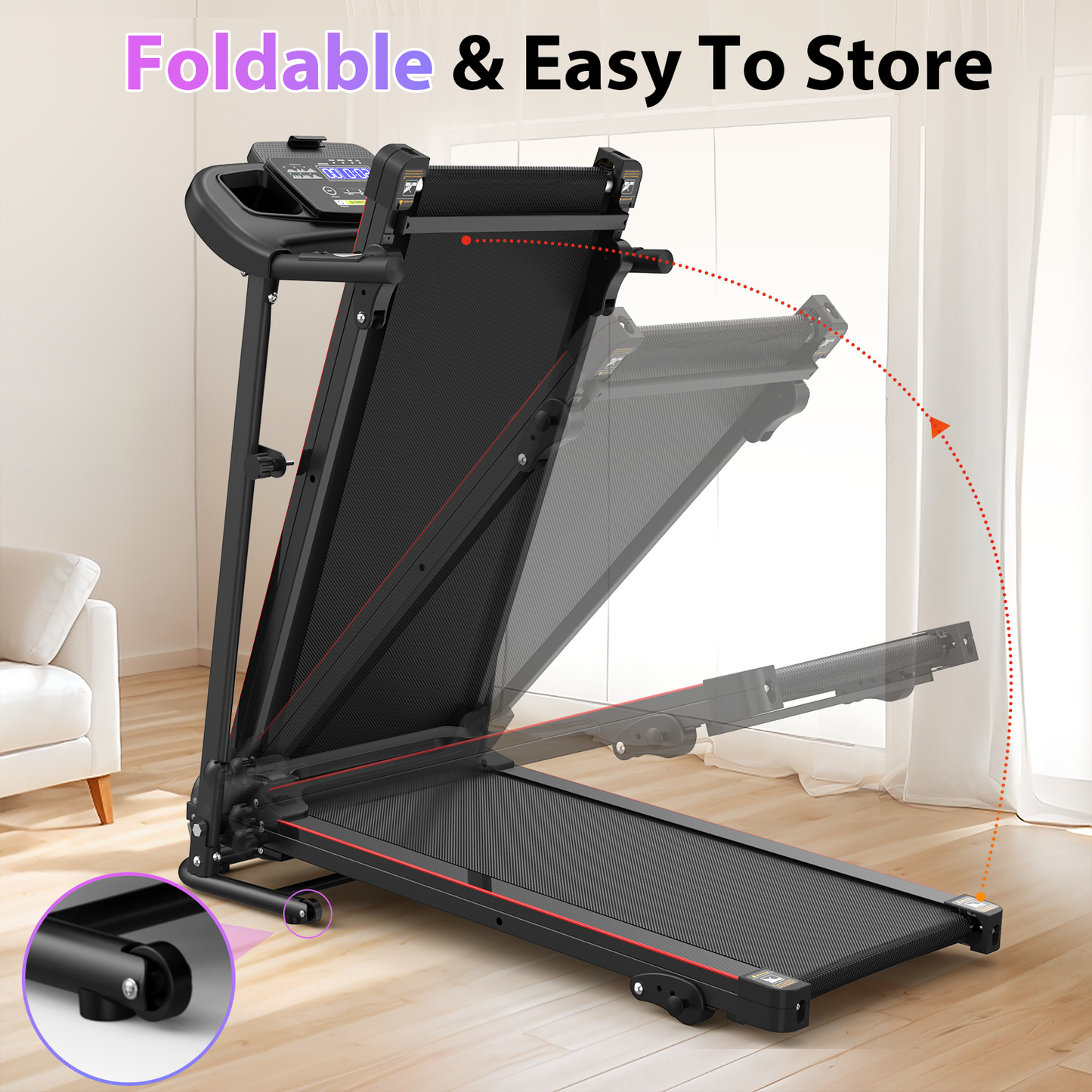 Folding Treadmill with Incline 2.5HP 12KM/H Electric Treadmill for Home Foldable, Bluetooth Music Cup Holder Heart Rate Sensor Walking Running Machine for Indoor Home Gym Exercise Fitness