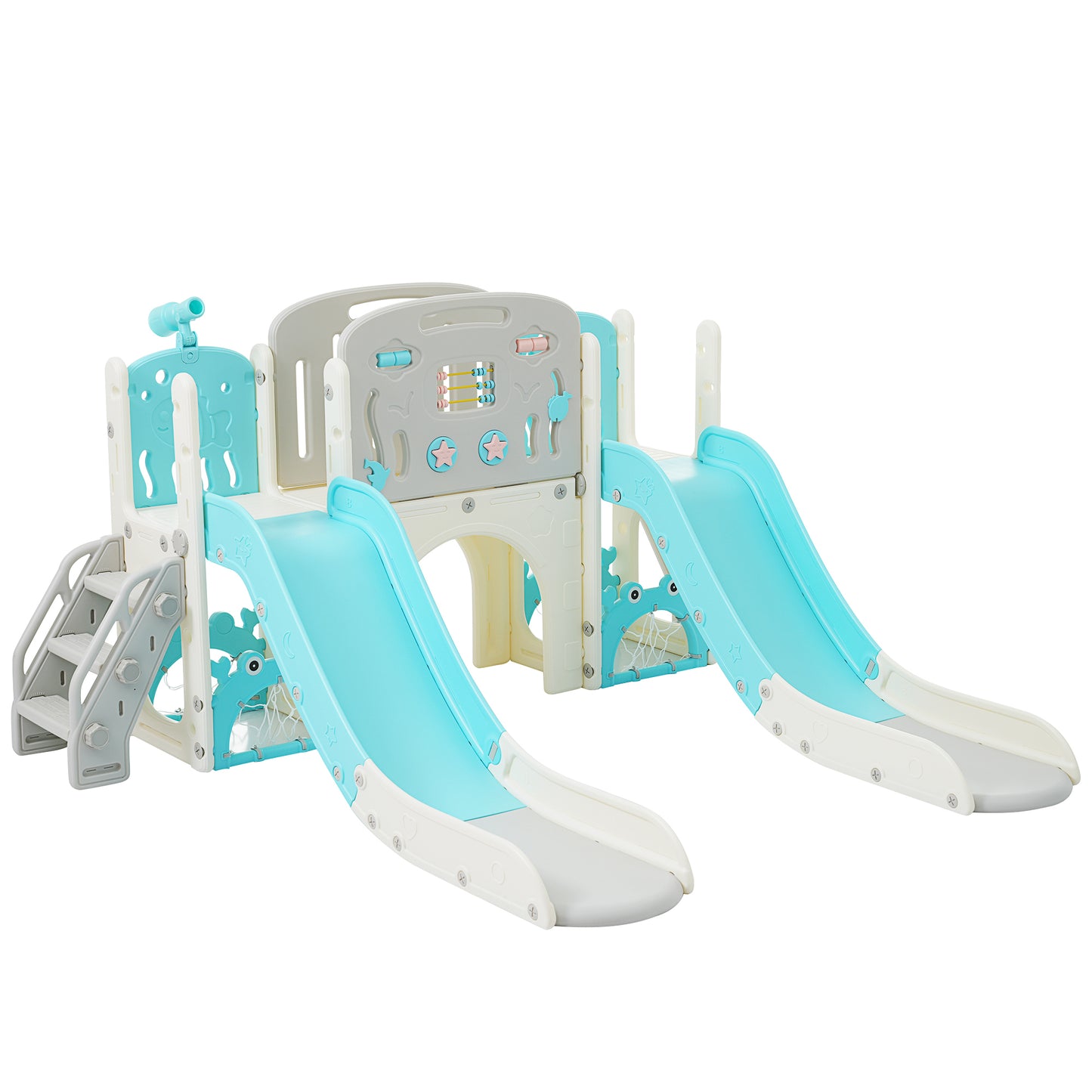 Kids Slide Playset Structure 8 in 1, Freestanding Ocean Themed Set with Slide, Arch Tunnel,Basketball Hoop and Telescope, Double Slides for Toddlers, Kids Climbers Playground