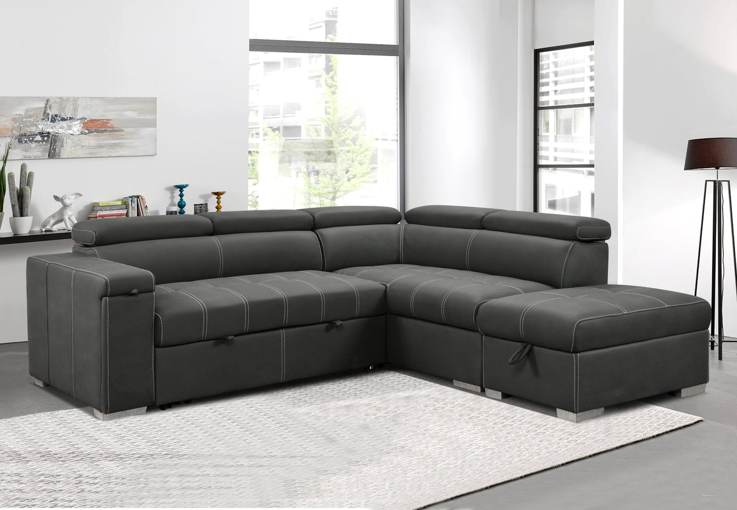 99.5" Modern 2 in 1 Convertible Sofa Bed with Pull-Out Bed and Chaise Lounge with Adjustable Headrest, L Shaped Couches for Living Room Apartment w/Storage Ottoman, and Cup Holder, Dark Grey