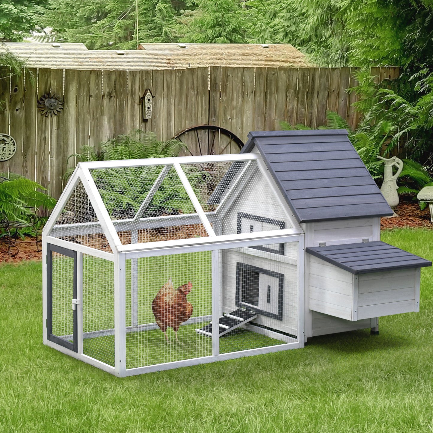 65" Chicken Coop Wooden with Detachable Run, Outdoor Chicken House Poultry Cage Hen with Nesting Box, Removable Tray, Roosting Bars, Ramp, for Garden Backyard