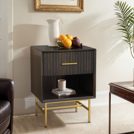 Nightstand, Modern Grooved Stripes Bed Side Table with a Drawer,Wood End Table with Golden Metal Handle and Metal Legs-1 Pieces