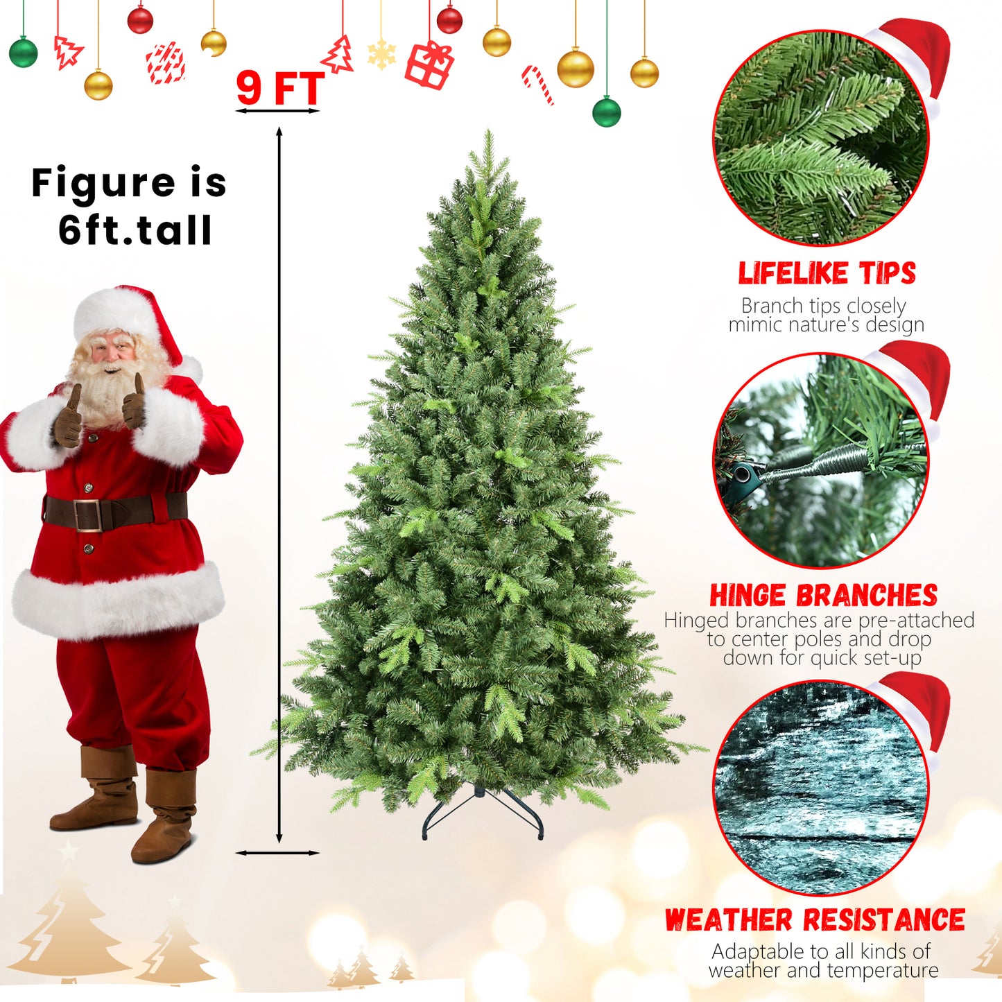 9FT Artificial Christmas Tree with 3509 PE&PVC Mixed Branch Tips, Unlit Hinged Premium Spruce Fake Xmas Trees, Hinged Branch & Foldable Base, Green