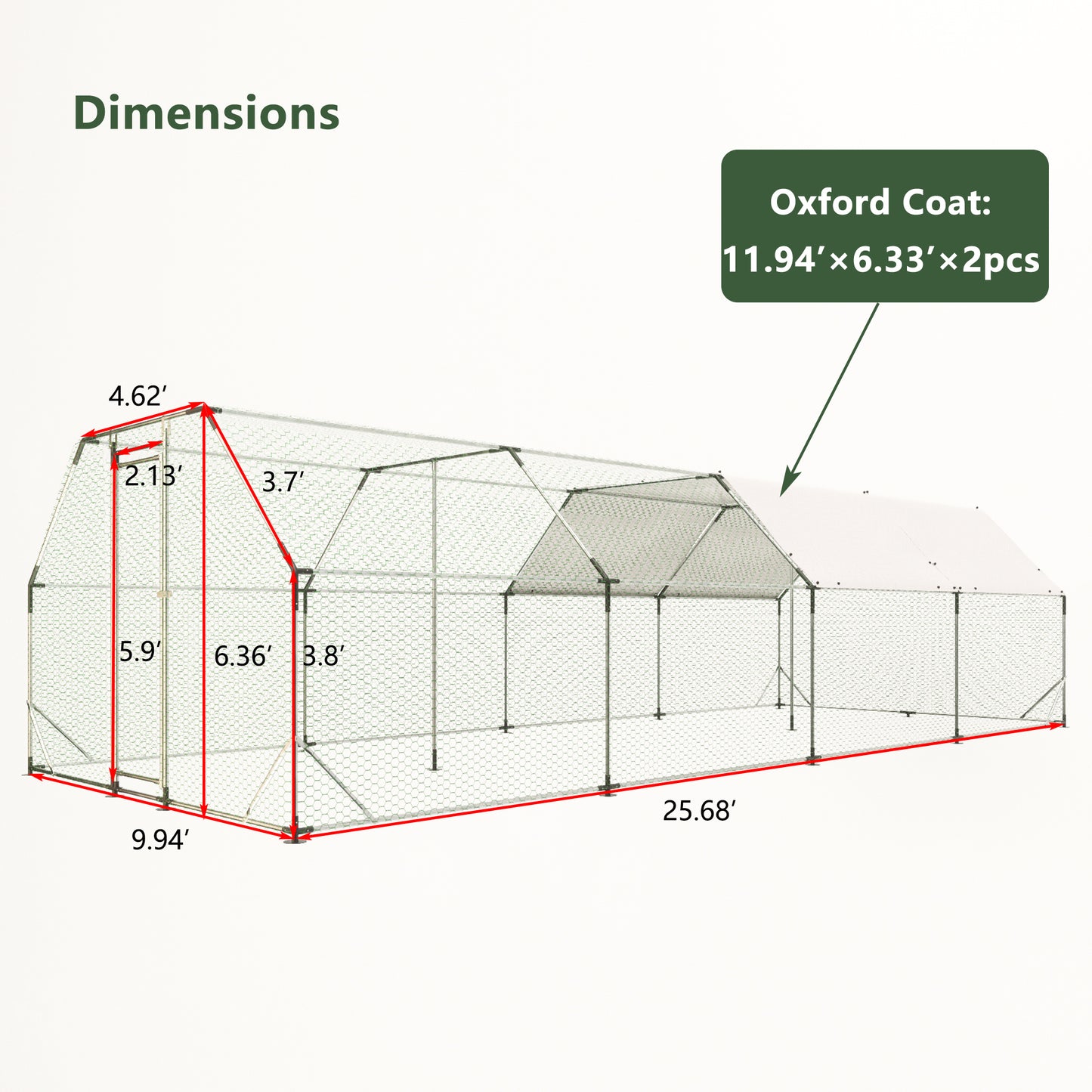 9.94 ft. x 25.68 ft. Galvanized Large Metal Walk in Chicken Coop Cage Farm Poultry Run Hutch Hen House