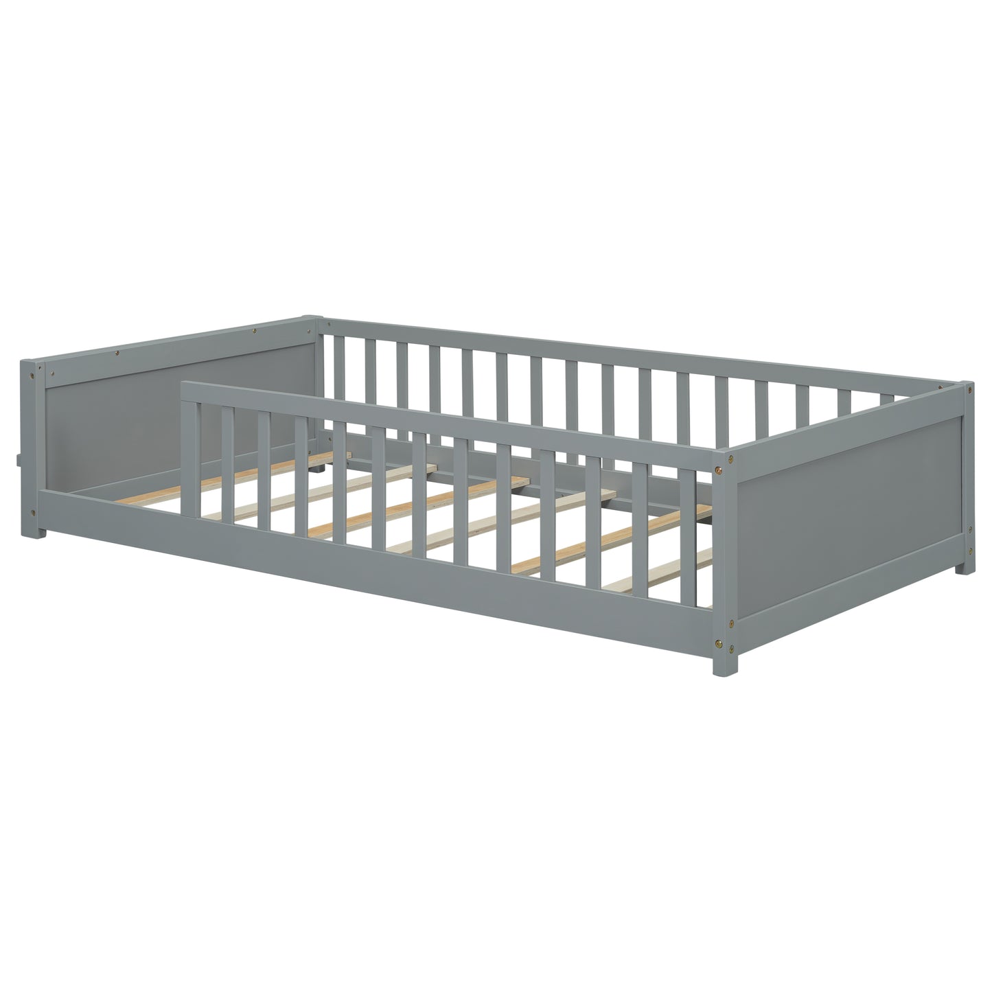 Twin size Floor Platform Bed with Built-in Book Storage Rack,Grey